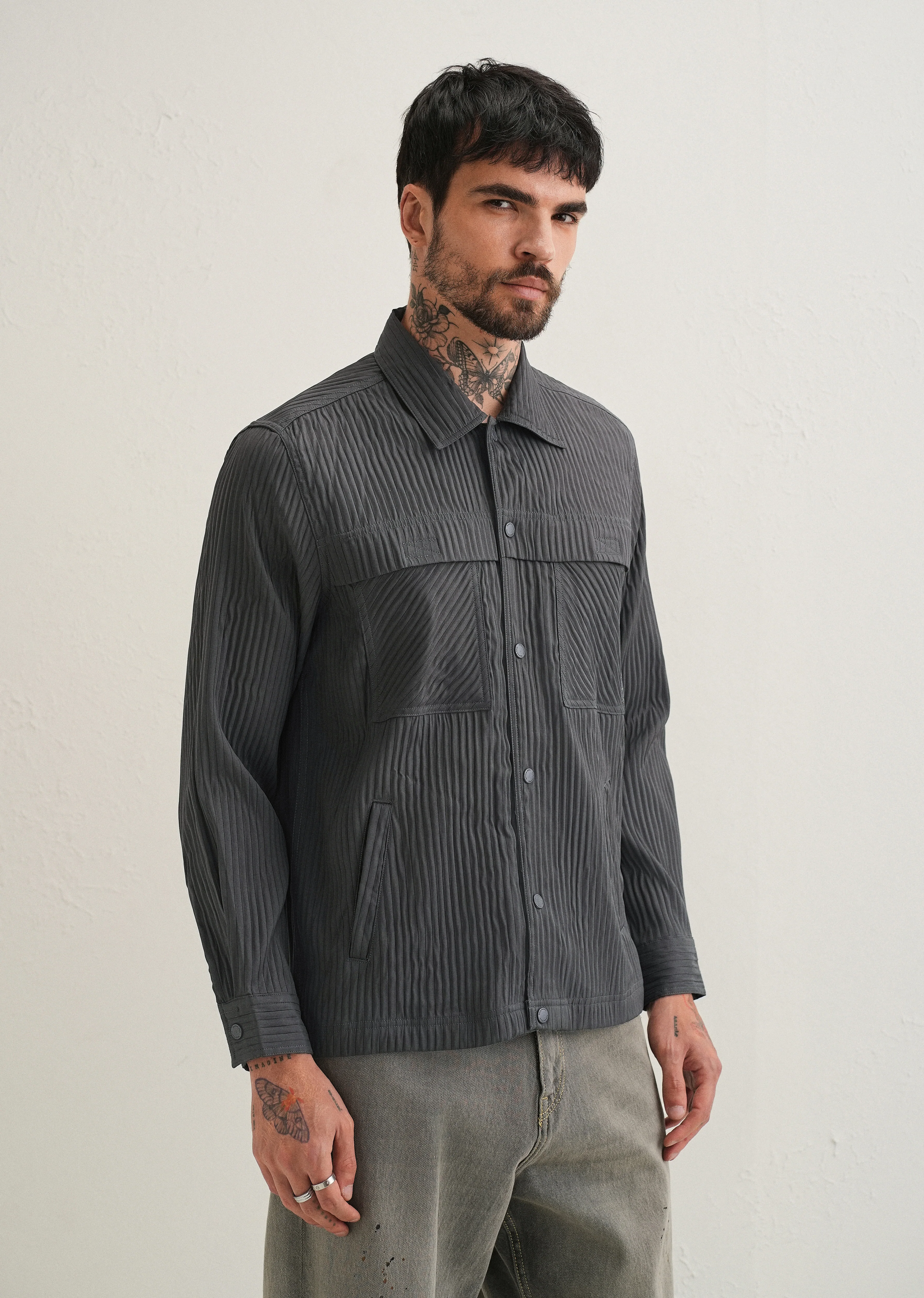 Dark Grey Textured Utility Shacket - Image 5