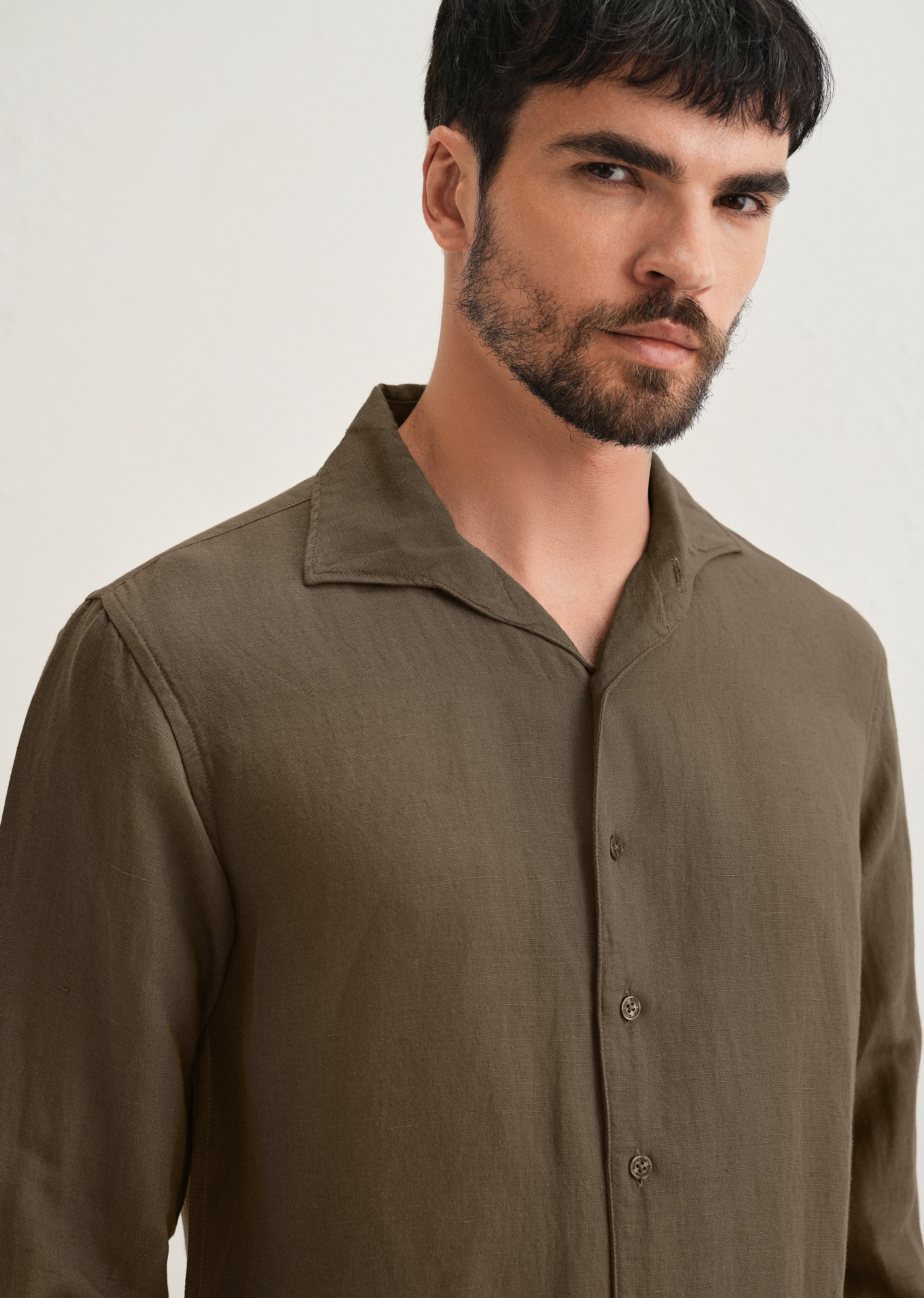 Dark Khaki Plain Linen Viscose Shirt - Image 2