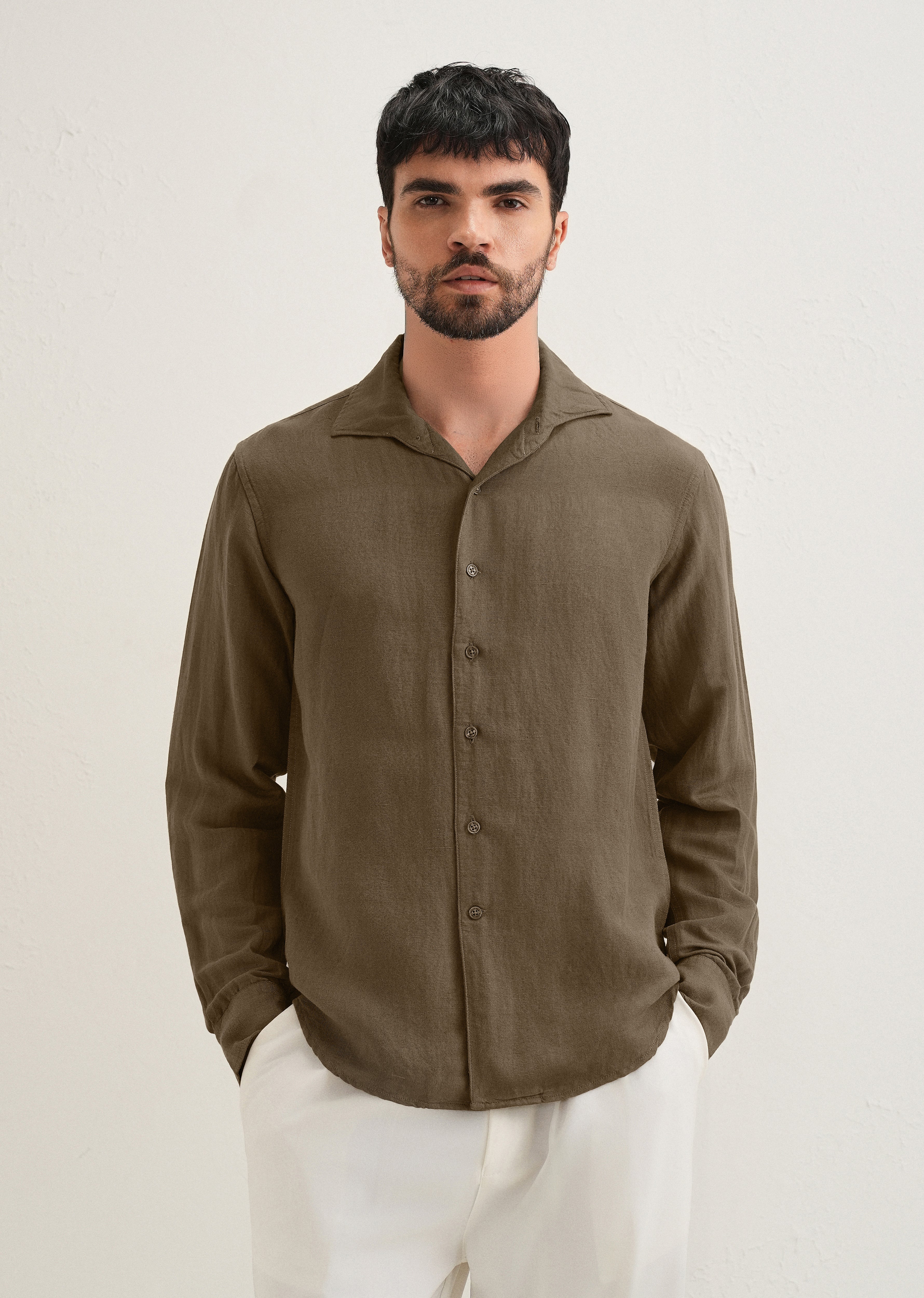 Dark Khaki Plain Linen Viscose Shirt - Image 4