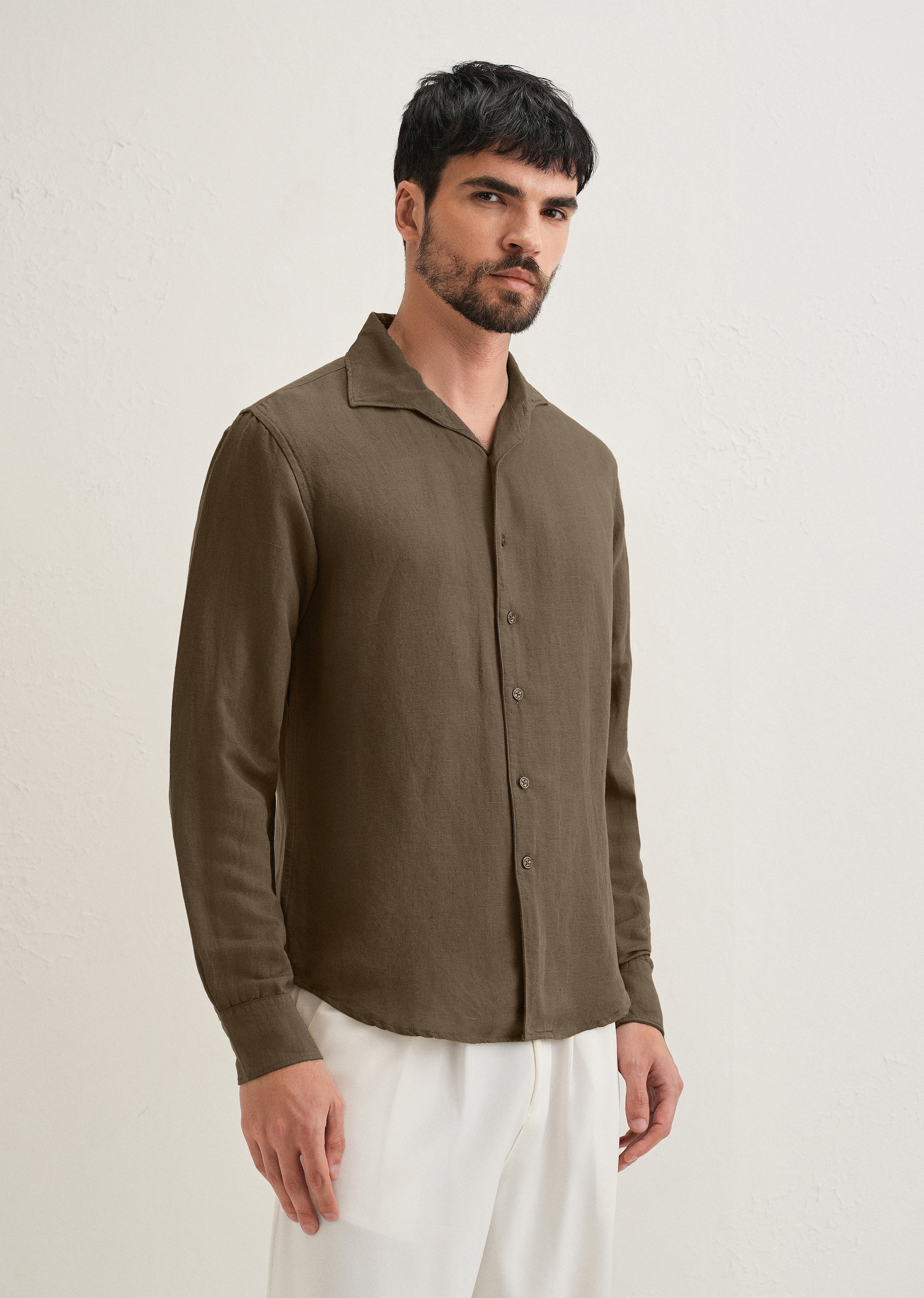 Dark Khaki Plain Linen Viscose Shirt - Image 5