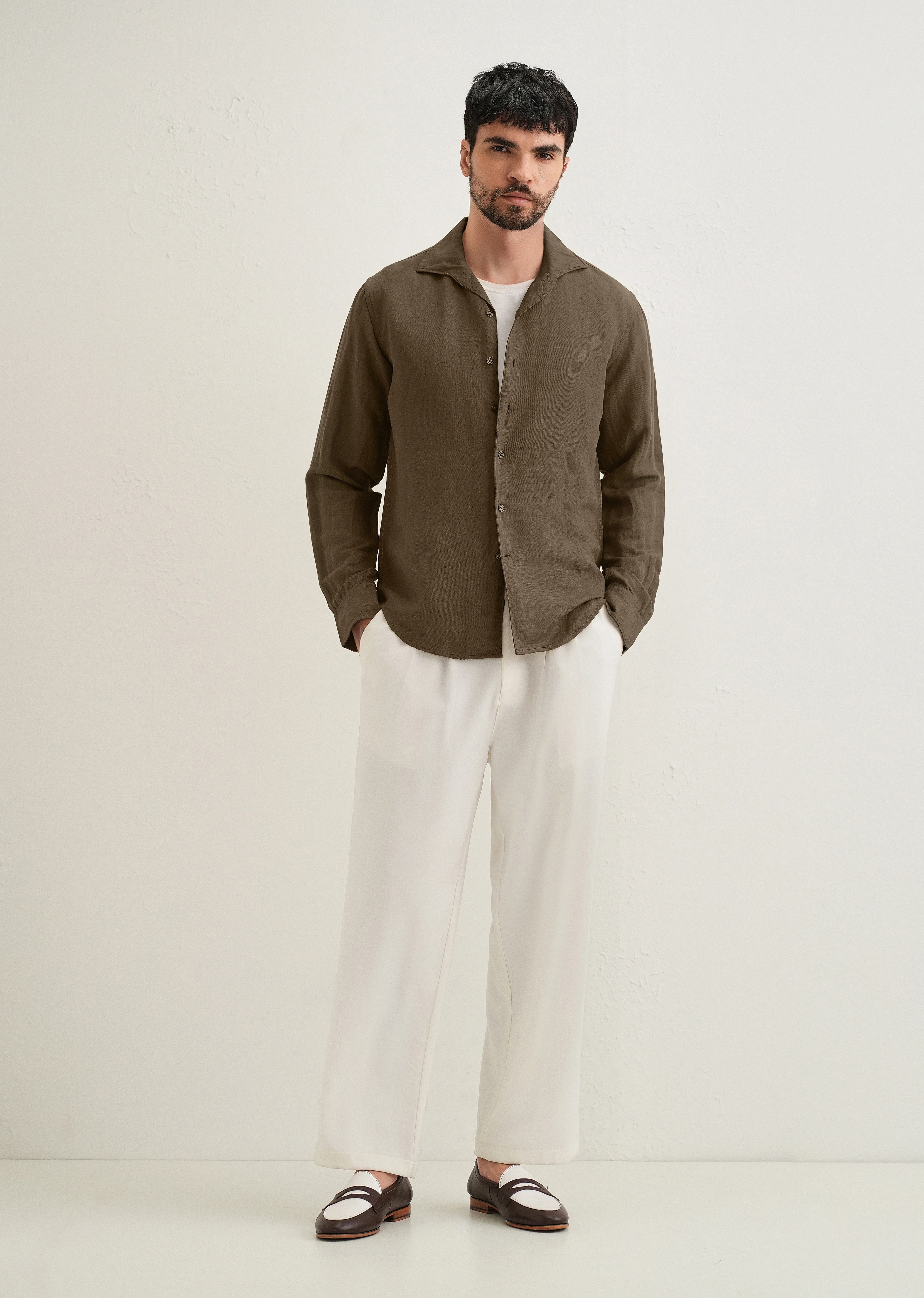 Dark Khaki Plain Linen Viscose Shirt - Image 6