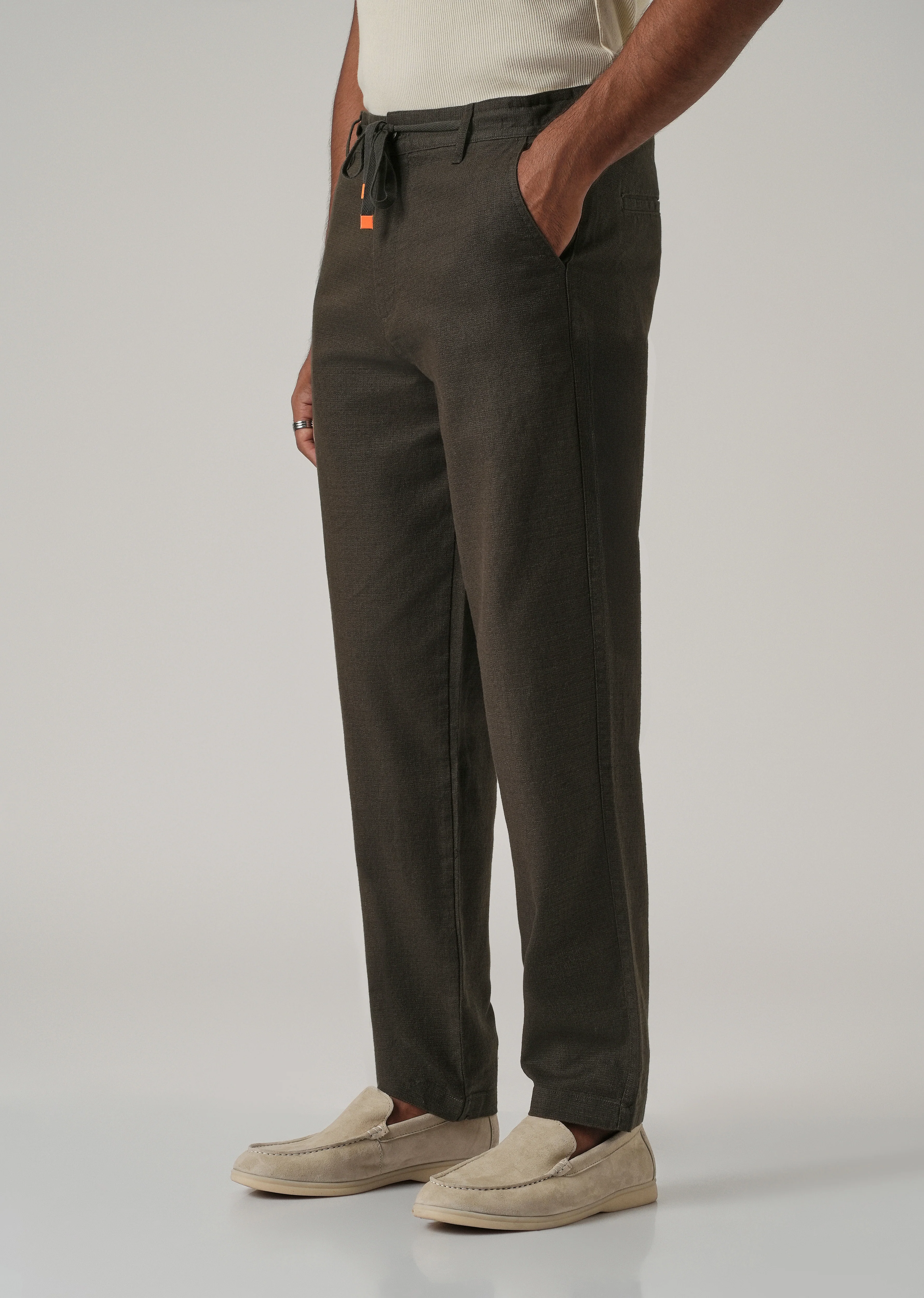 Dark Olive Linen-Look Cotton Trousers - Image 4
