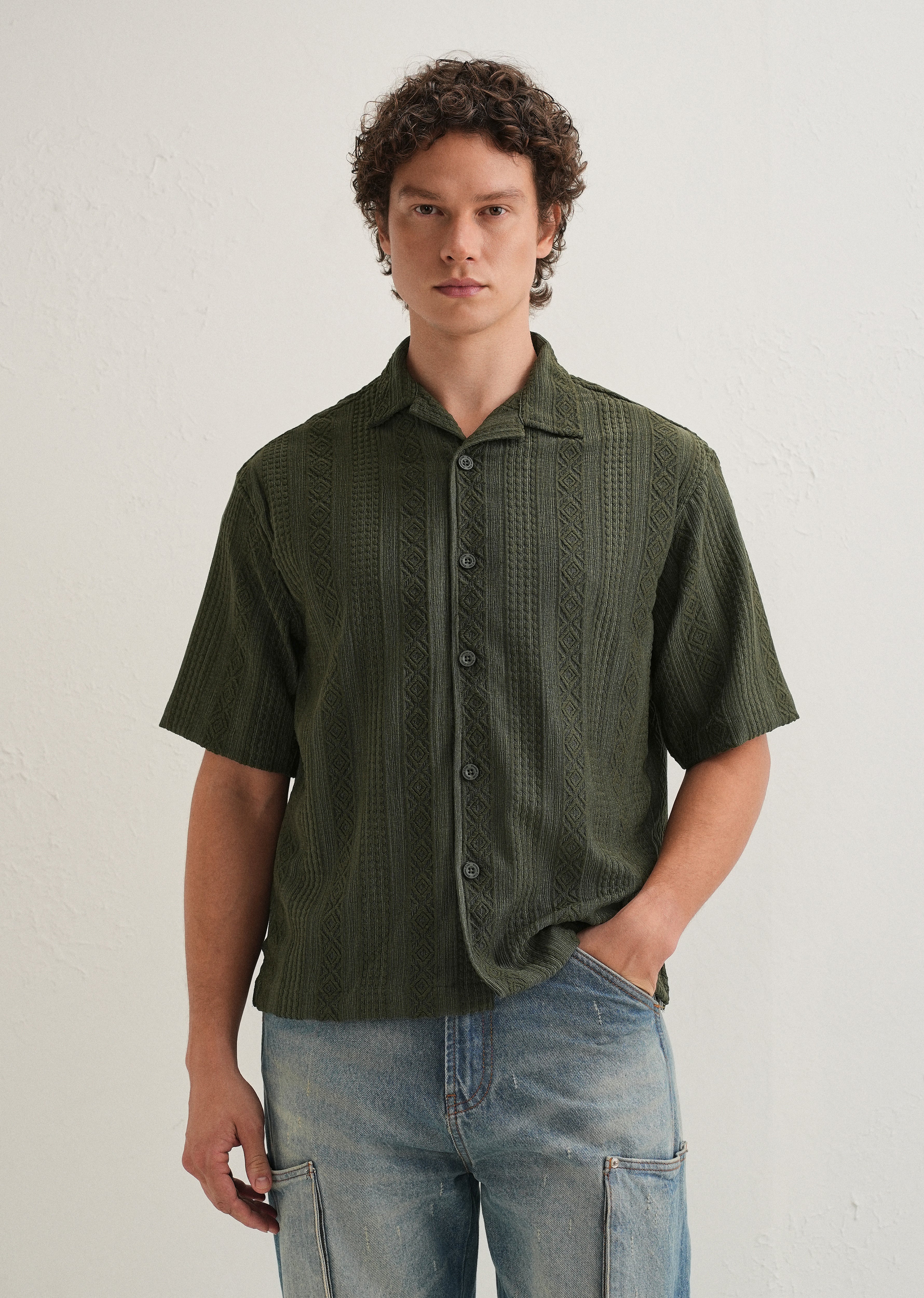 Dark Olive Green Geometric Textured Shirt - Image 3