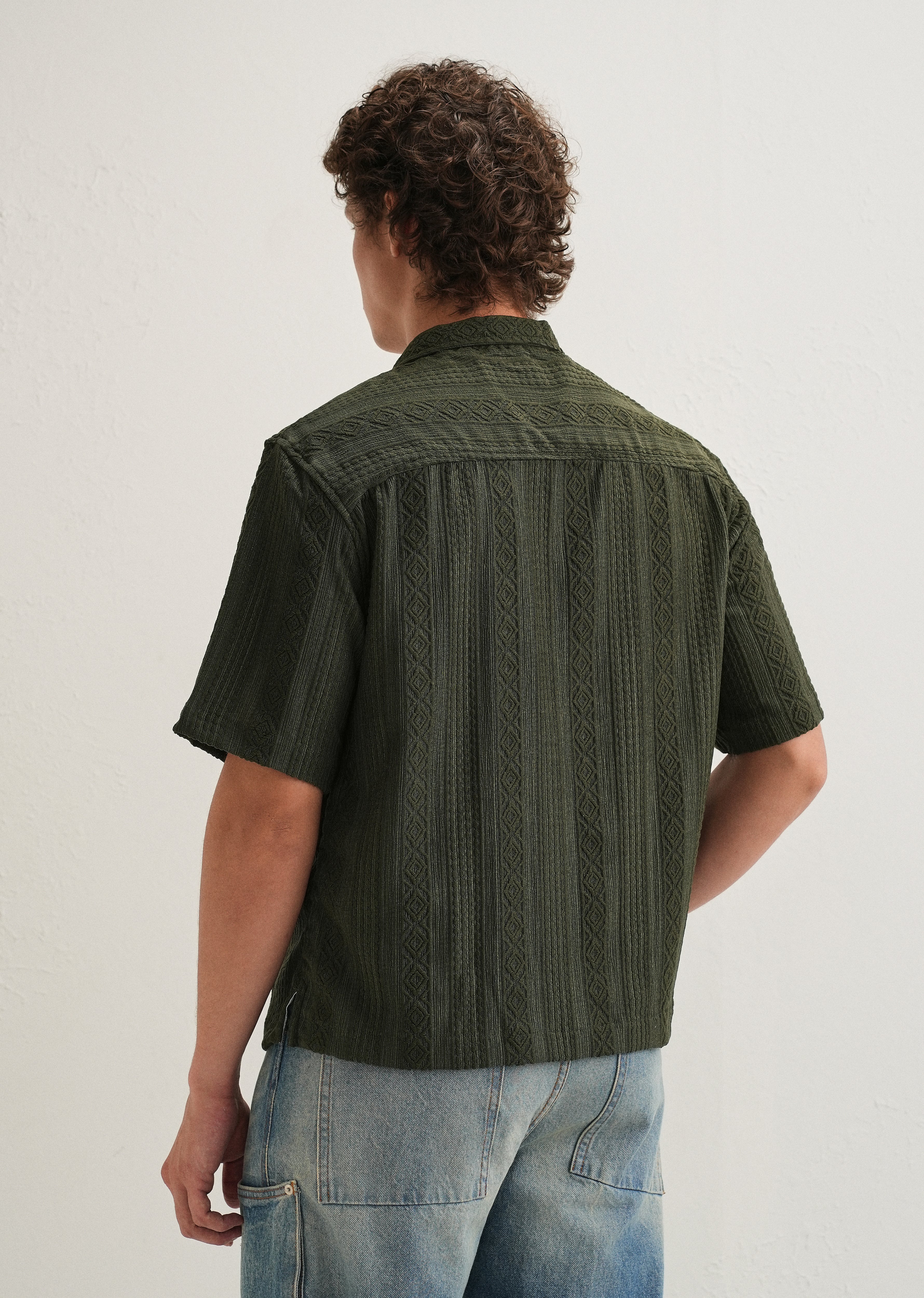 Dark Olive Green Geometric Textured Shirt - Image 4