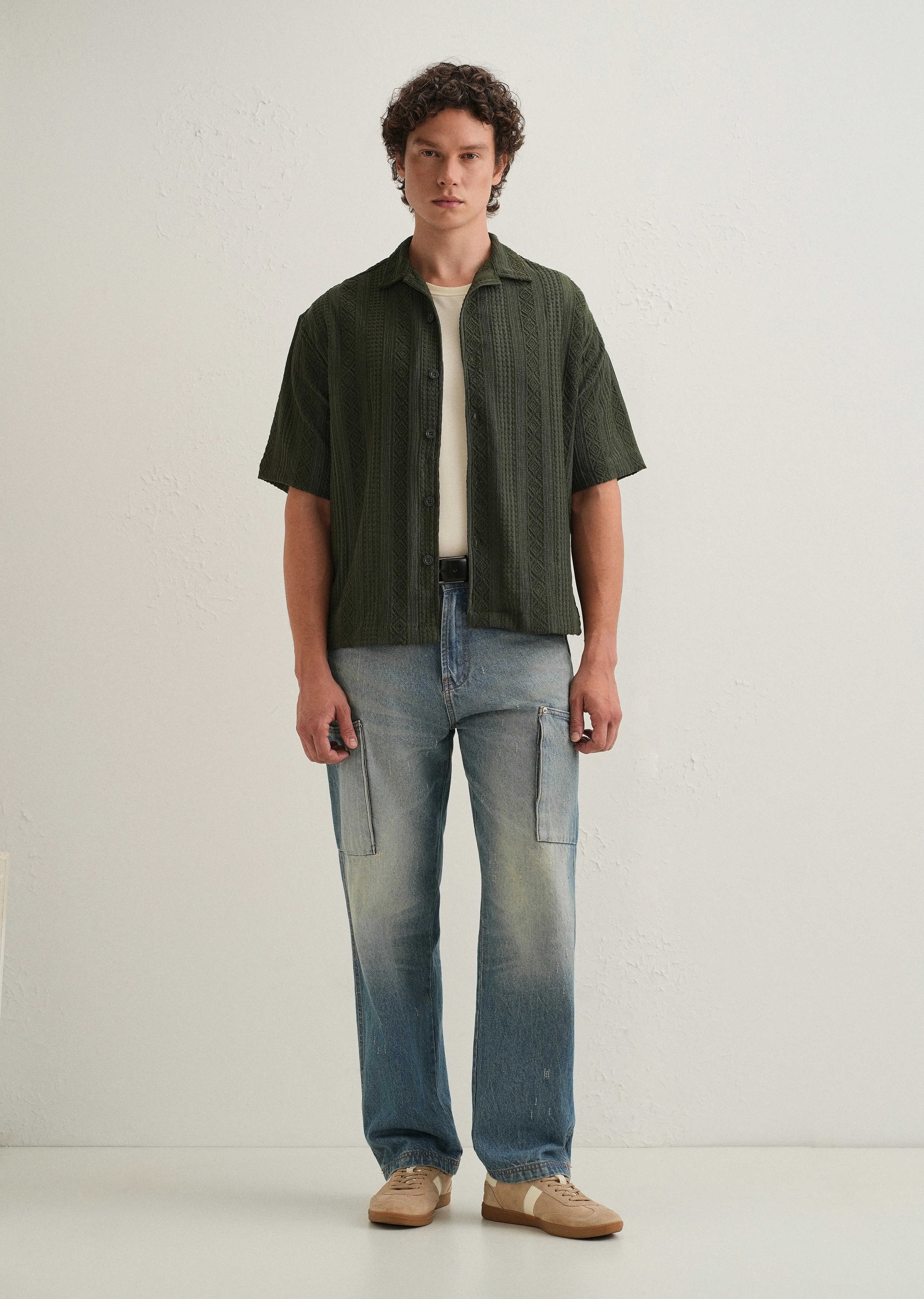 Dark Olive Green Geometric Textured Shirt - Image 7
