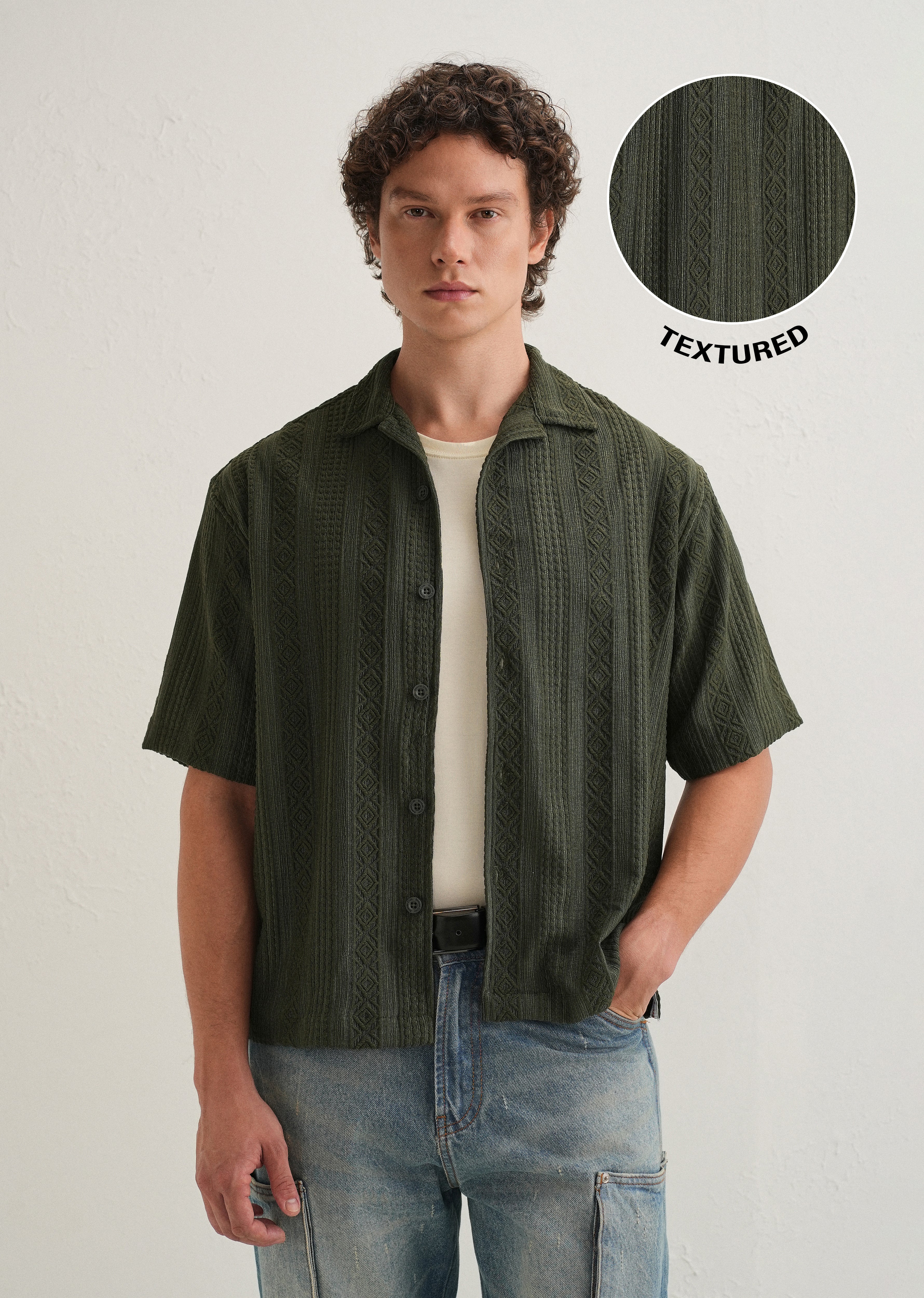 Dark Olive Green Geometric Textured Shirt - Image 8