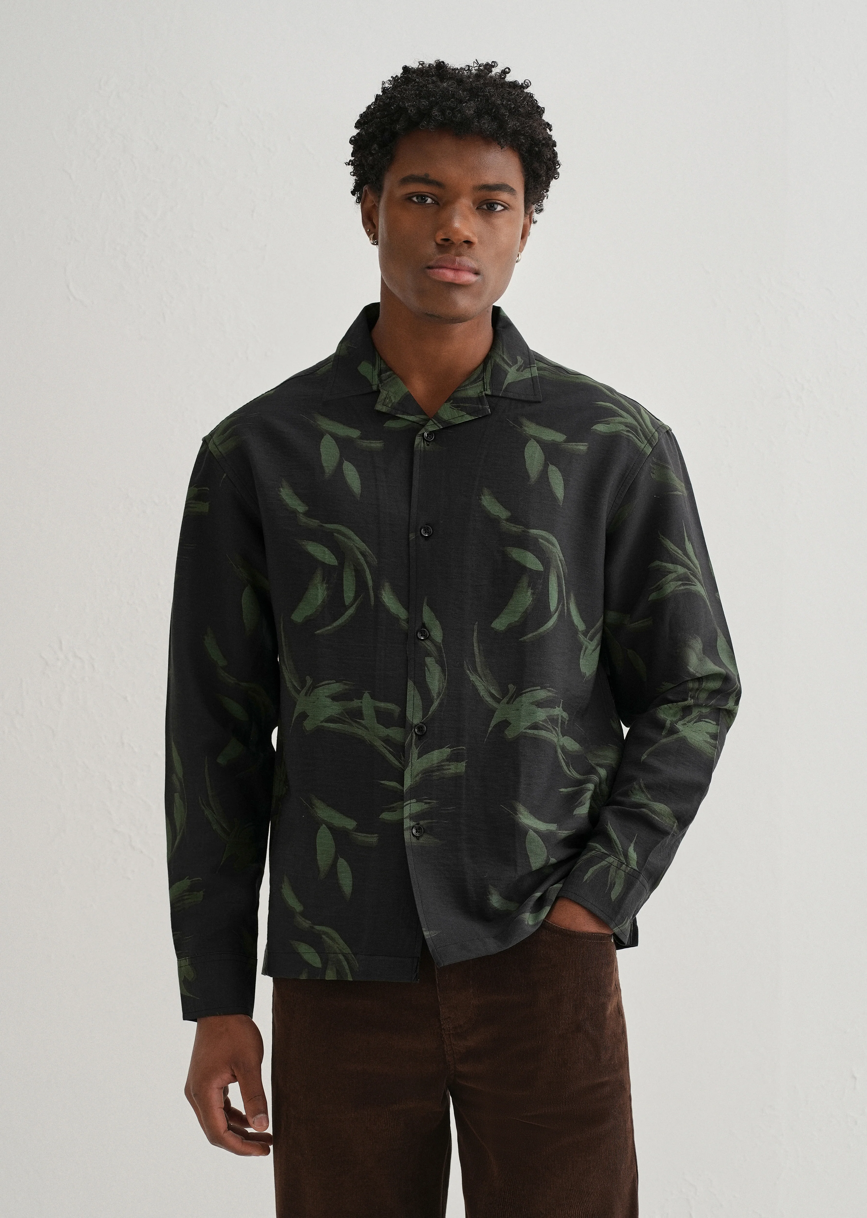 Dark Olive Leaf Printed Shirt - Image 3