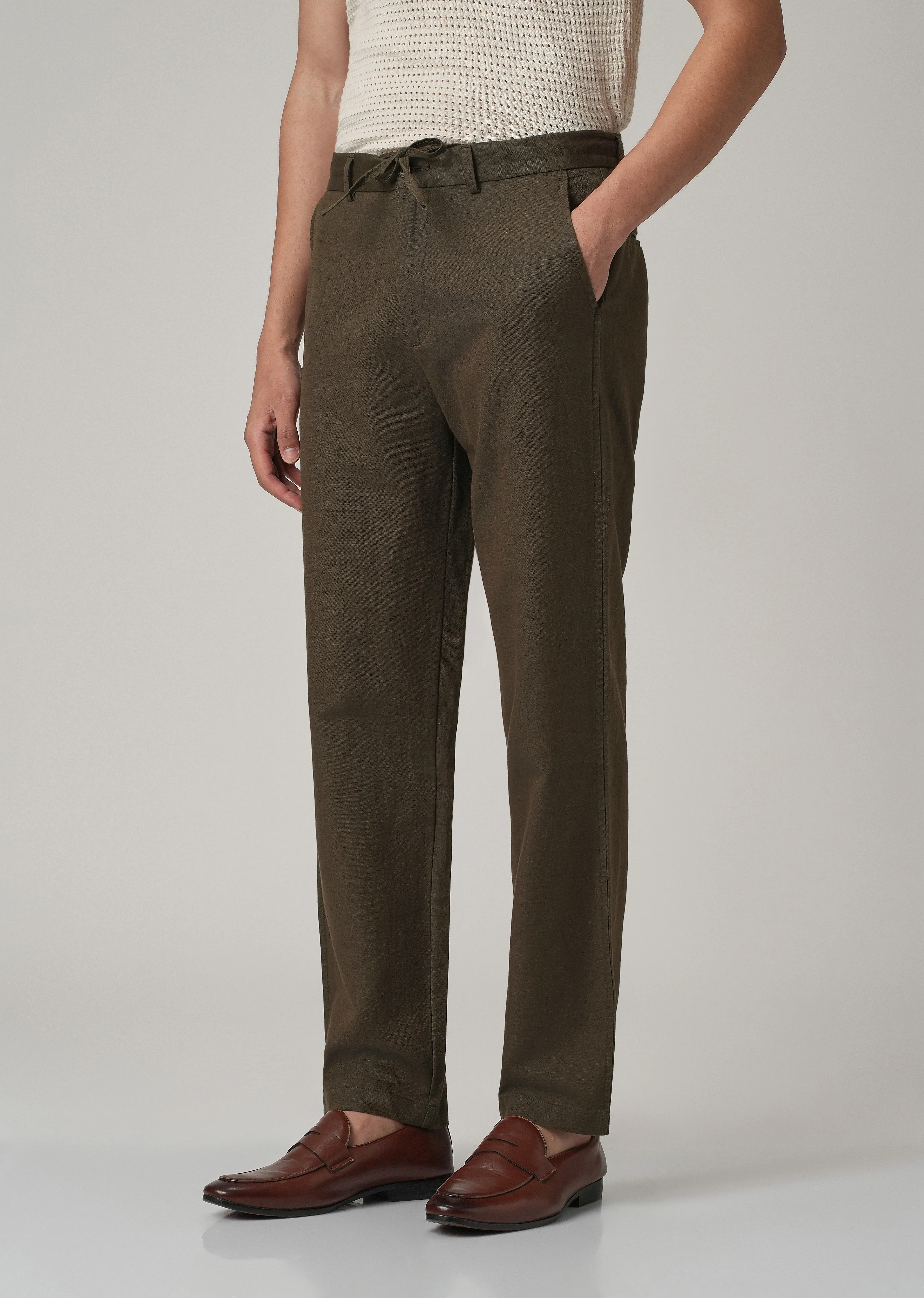 Dark Olive Linen Relaxed Fit Trouser - Image 3