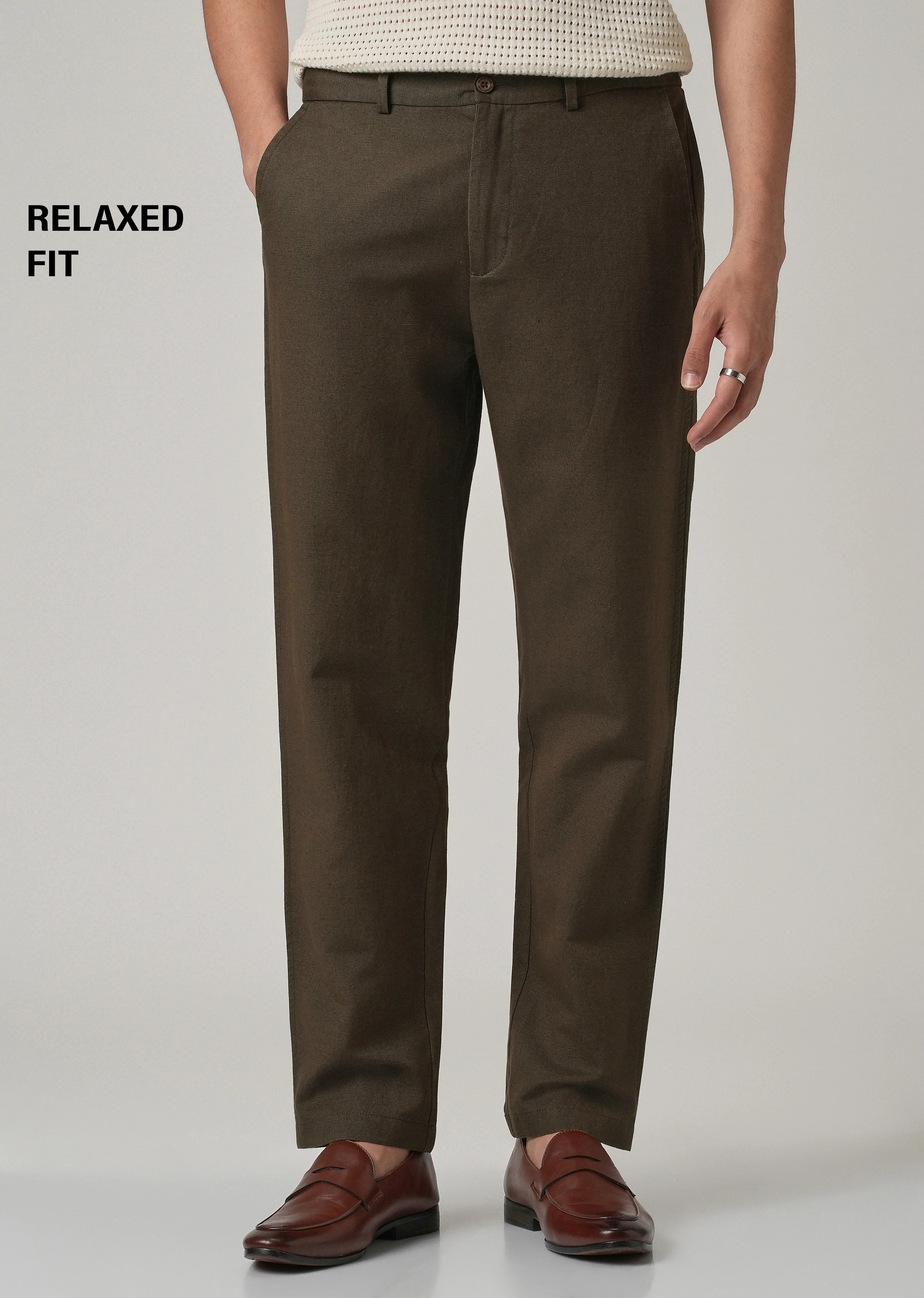 Dark Olive Linen Relaxed Fit Trouser - Image 7