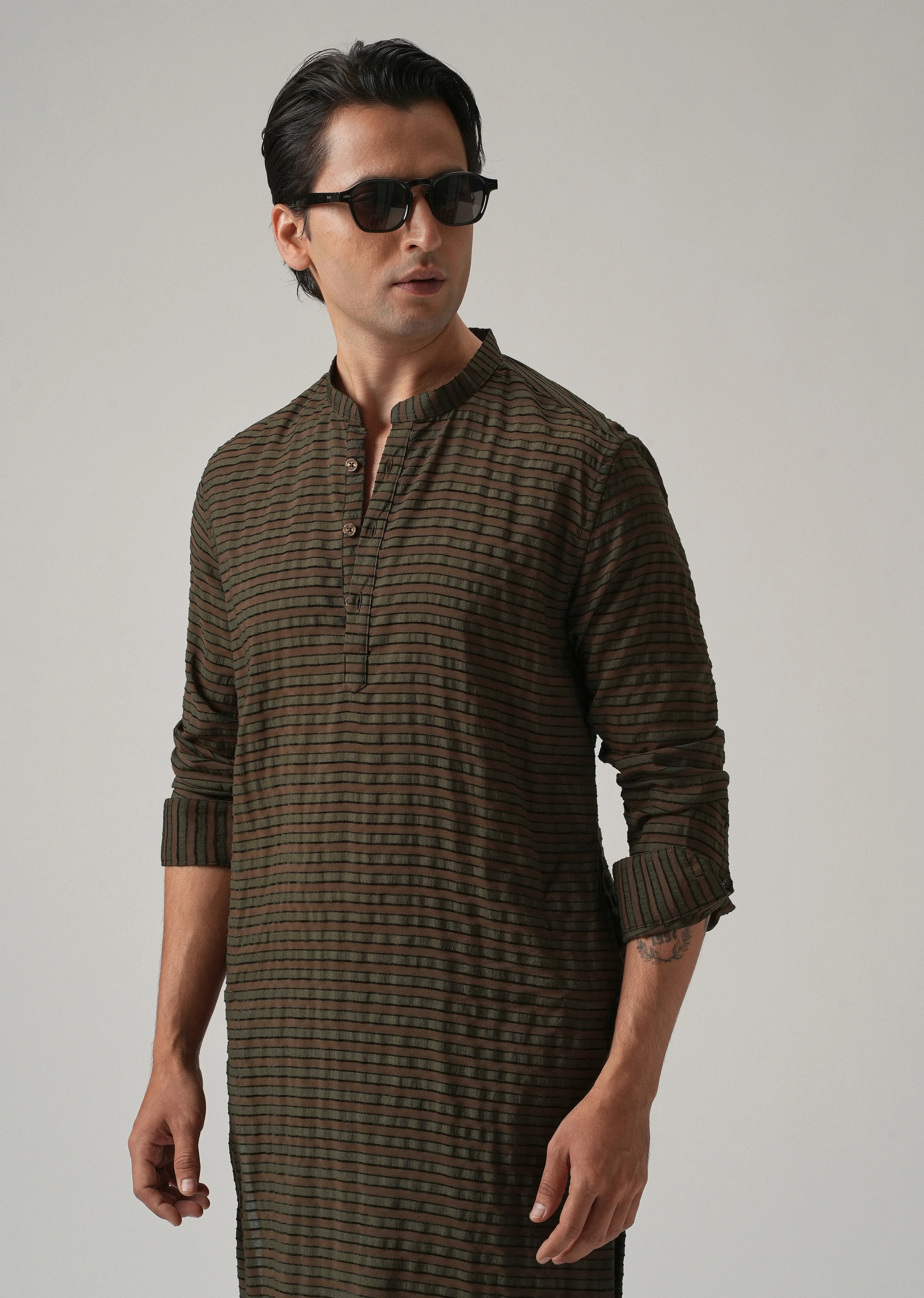 Dark Olive Nylon Pin Stripe Kurta - Image 6