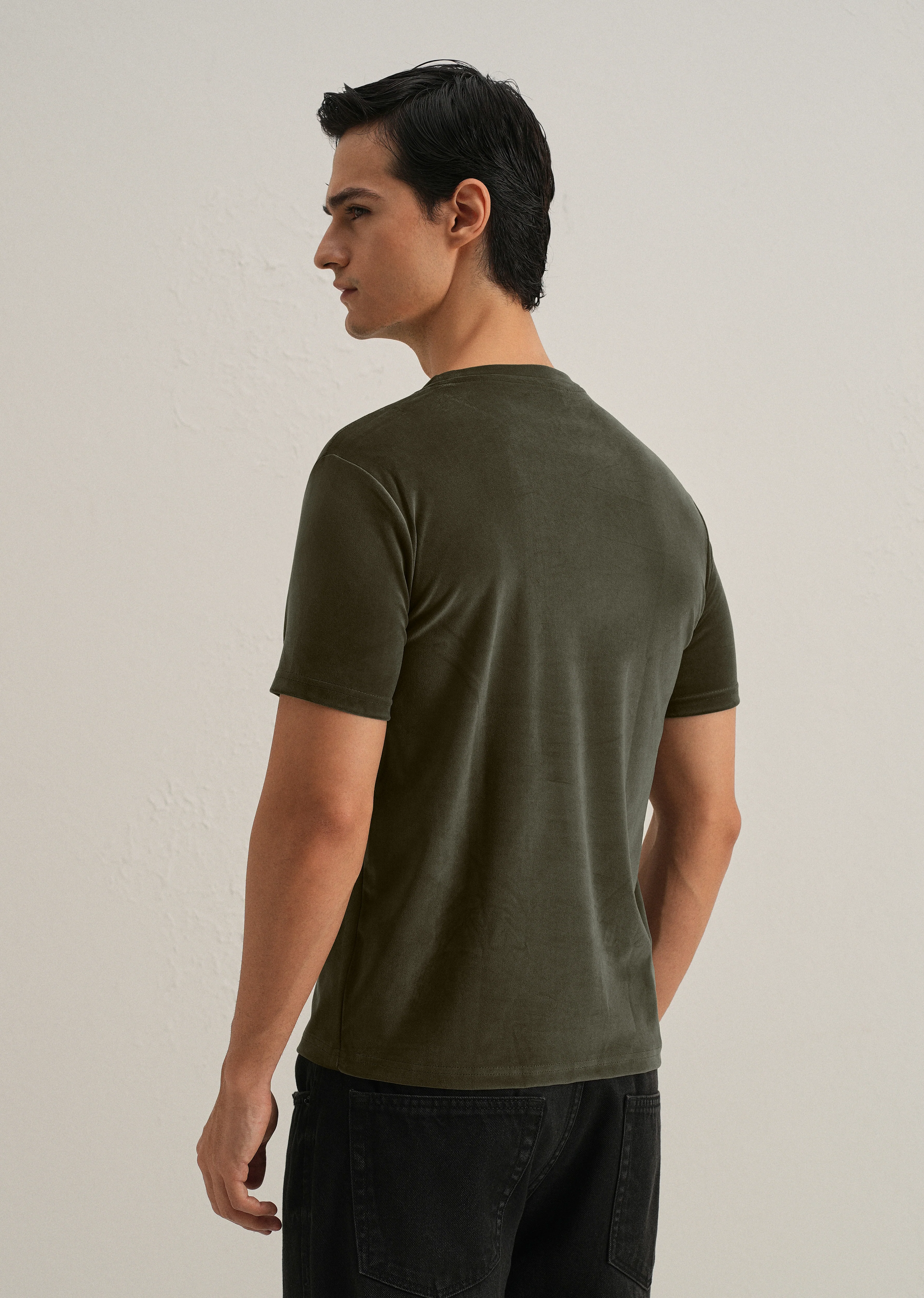 Dark Olive Plain Suede T-shirt - Image 2