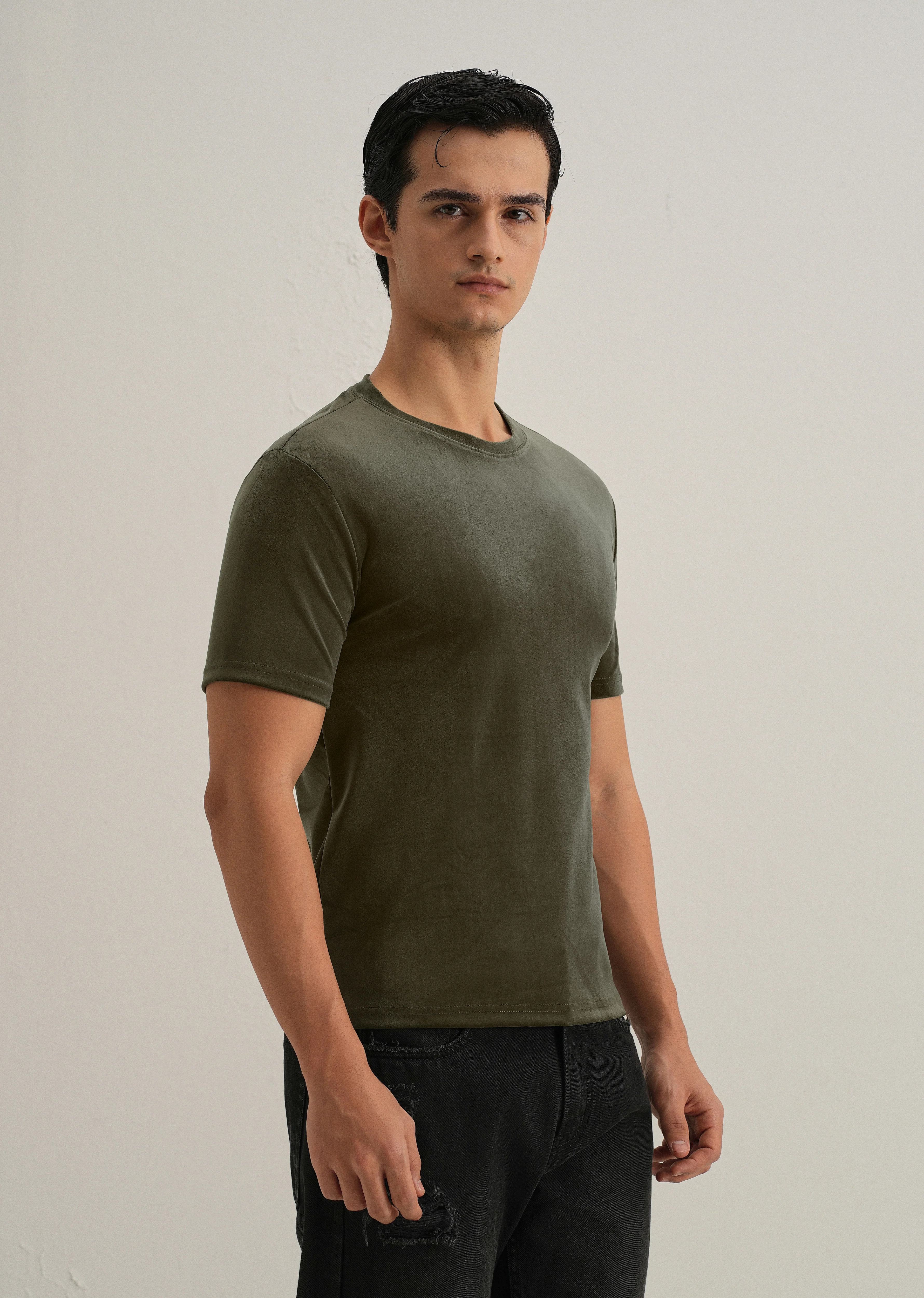Dark Olive Plain Suede T-shirt - Image 4