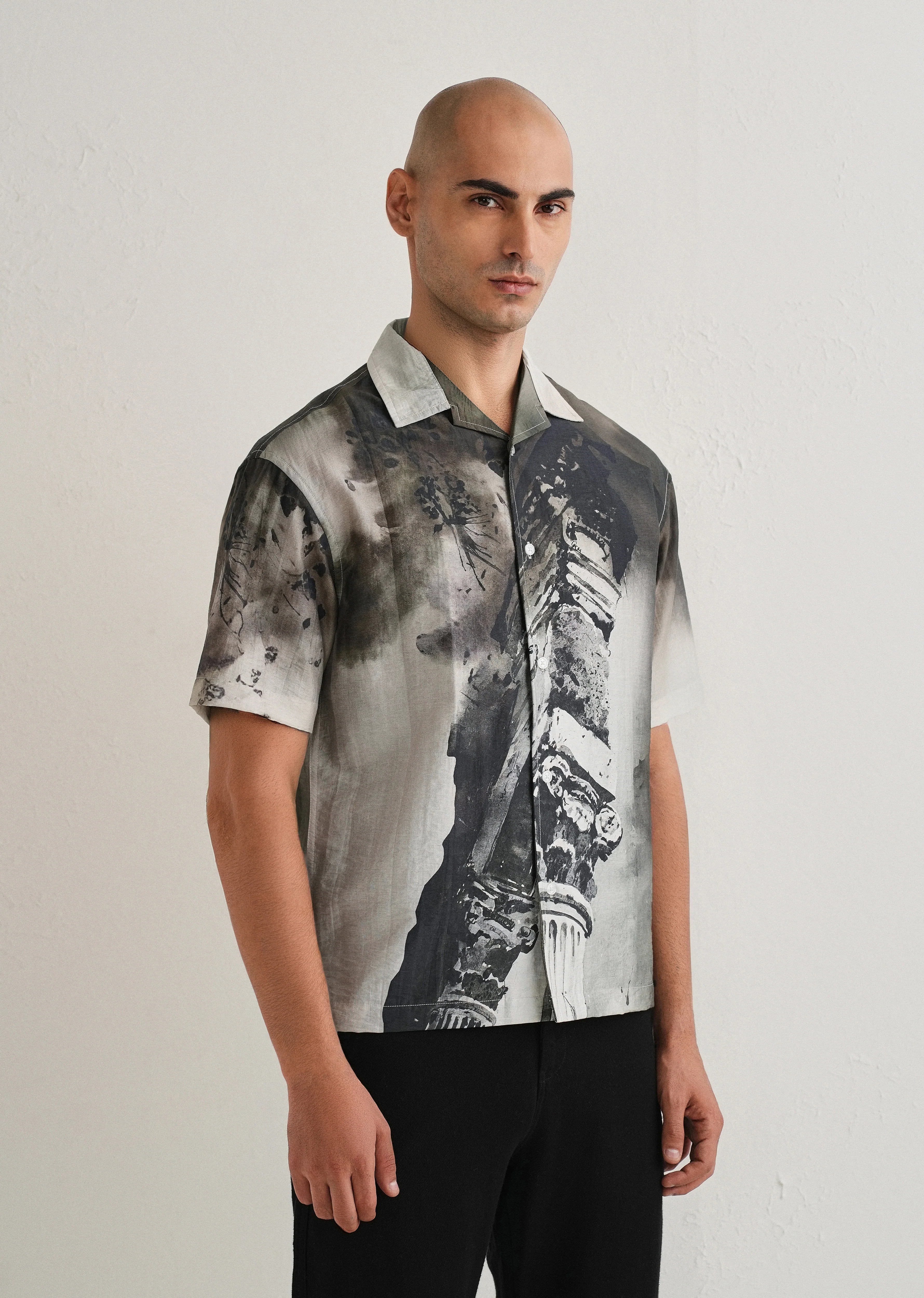 Dark Olive Wash Placement Print Shirt - Image 4