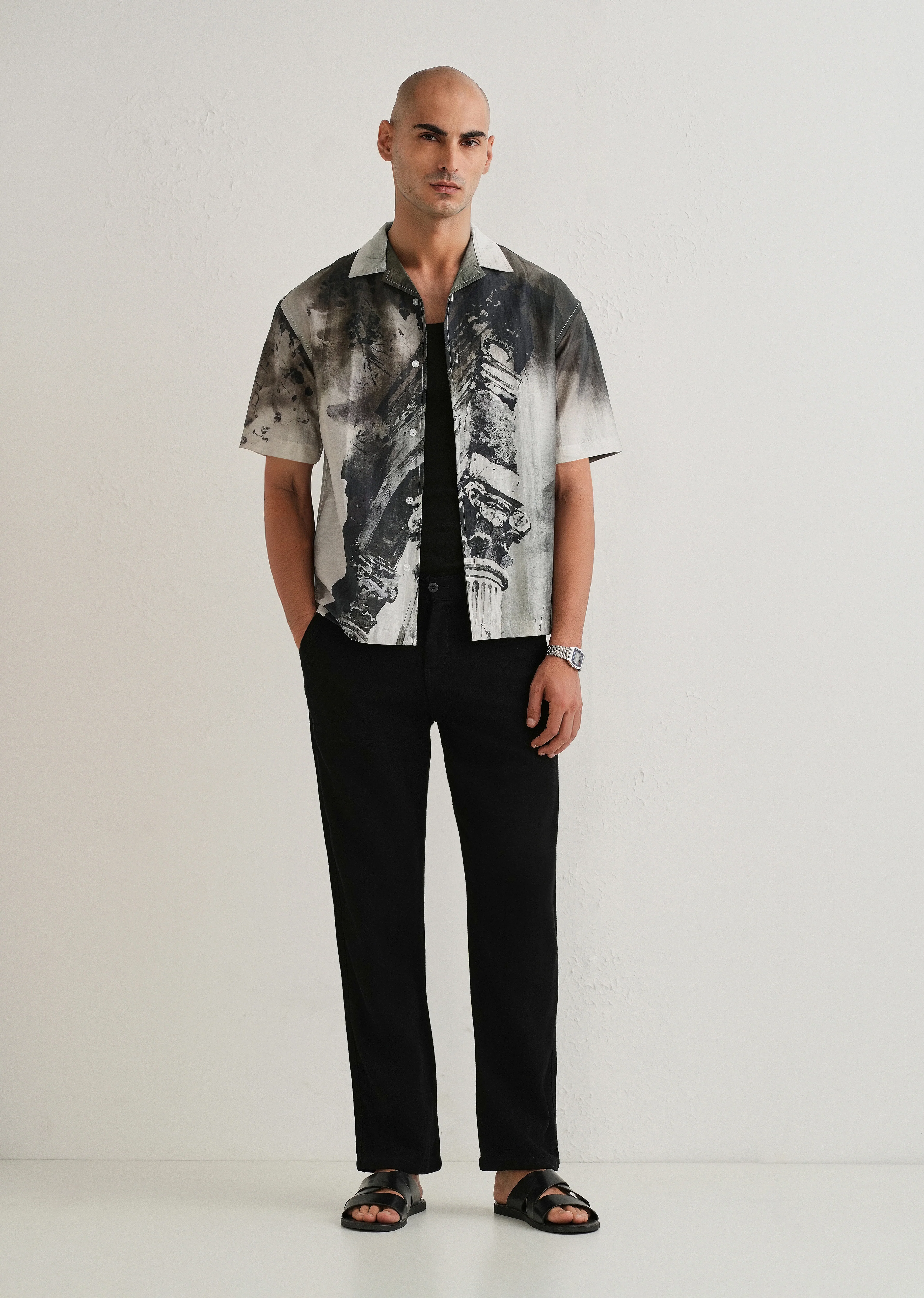 Dark Olive Wash Placement Print Shirt - Image 6