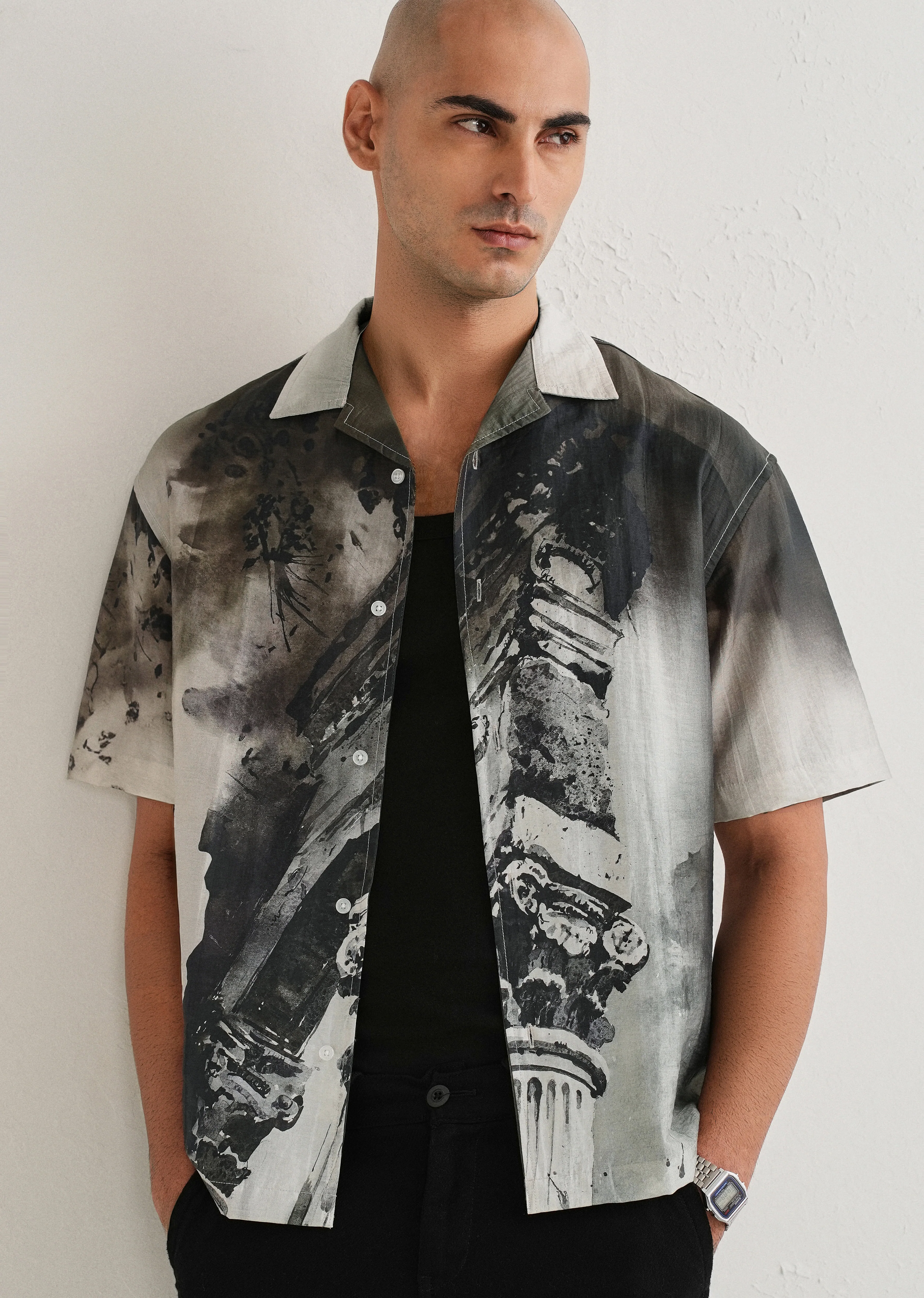 Dark Olive Wash Placement Print Shirt - Image 7