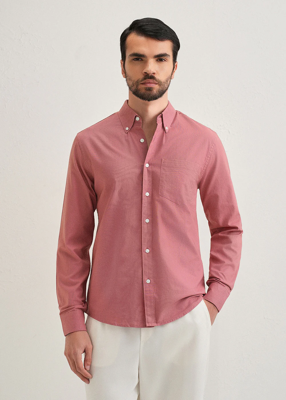 Dark Peach Plain Cotton Oxford Shirt - Image 3