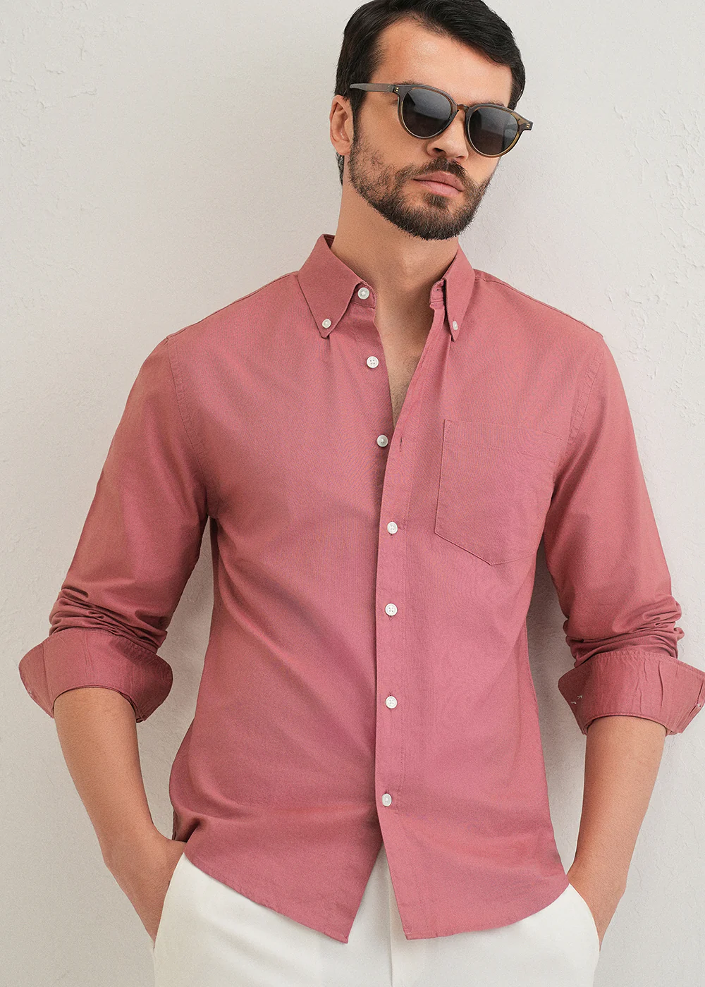 Dark Peach Plain Cotton Oxford Shirt - Image 7