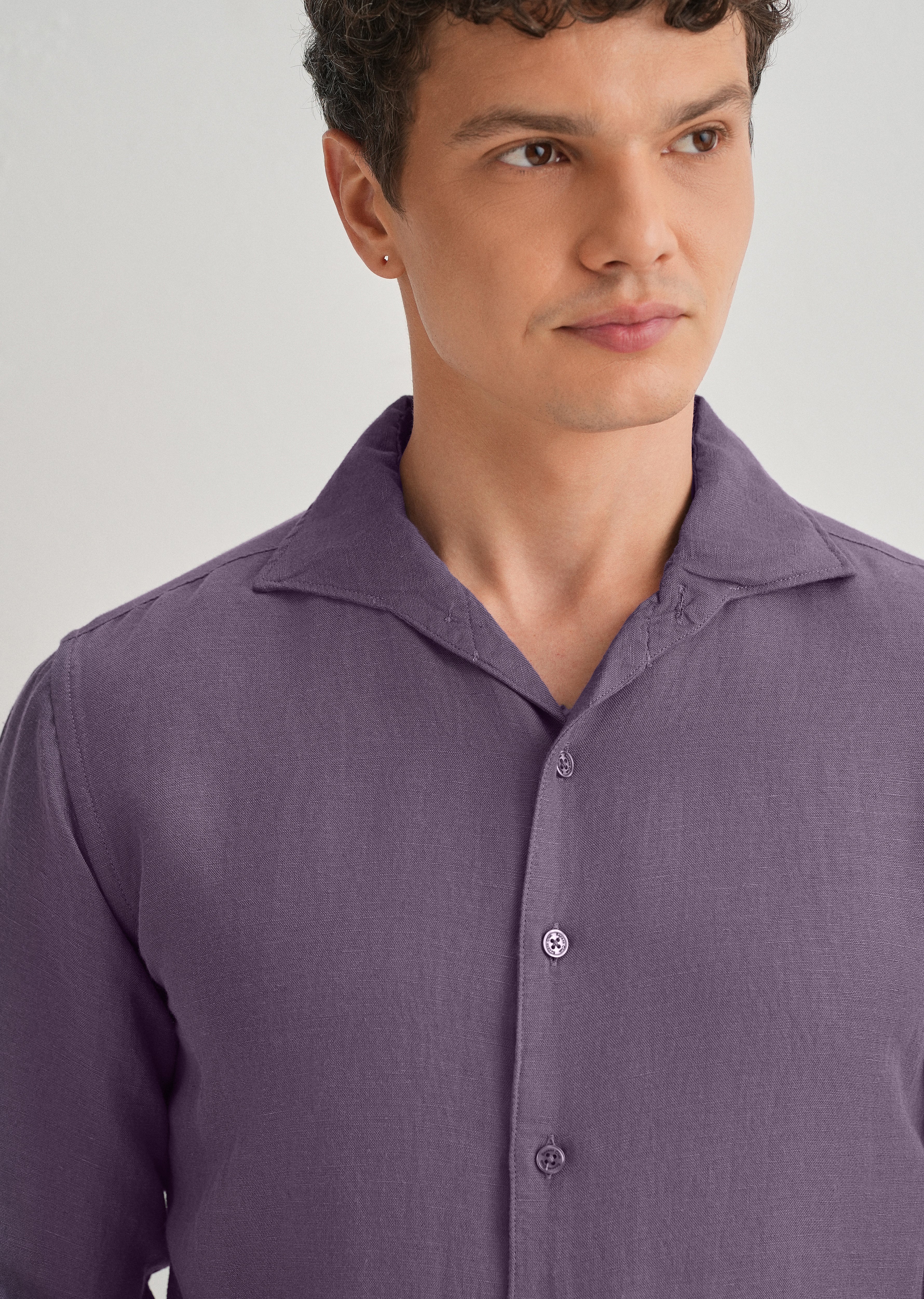 Dark Purple Plain Linen Viscose Shirt - Image 2