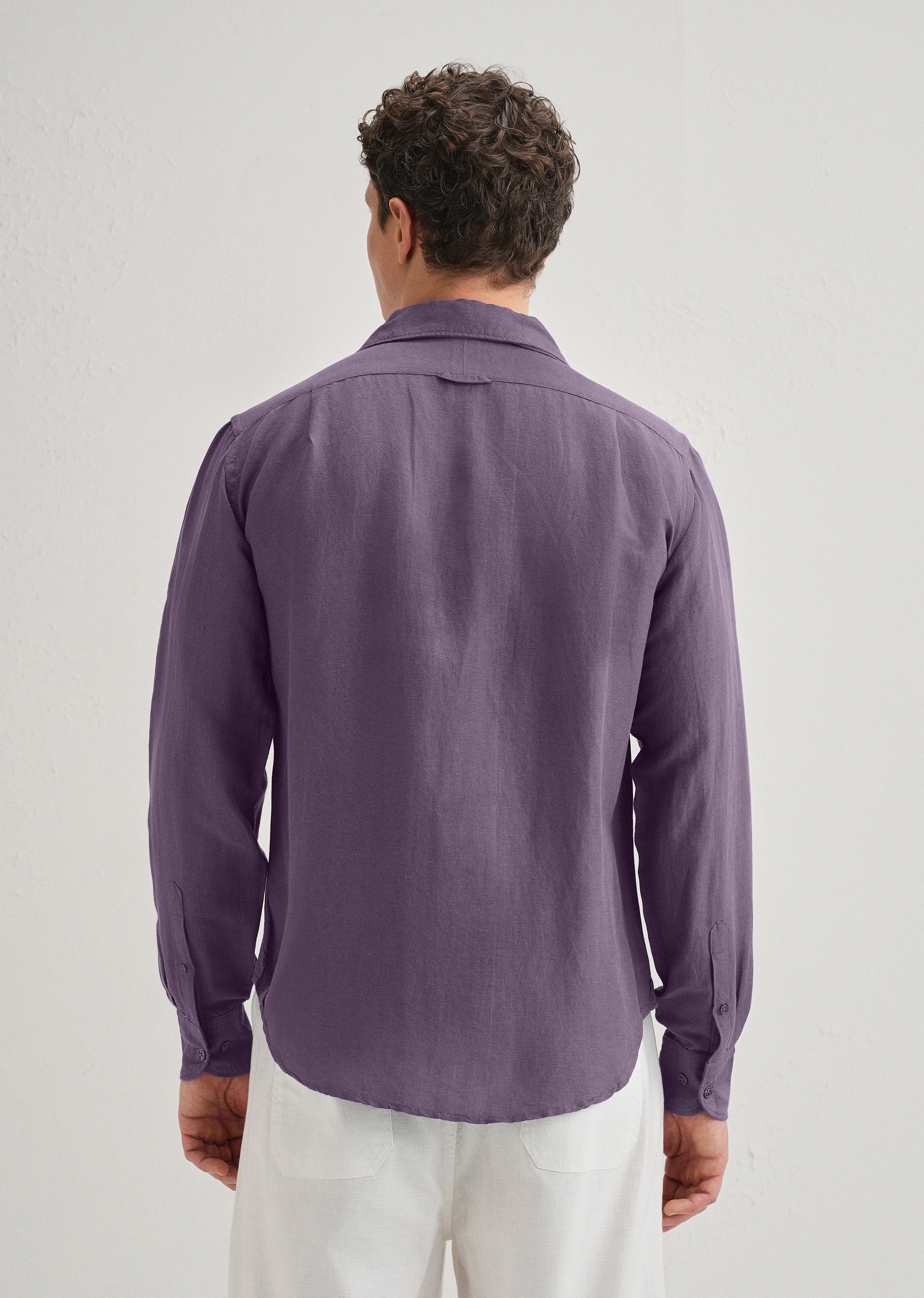 Dark Purple Plain Linen Viscose Shirt - Image 3