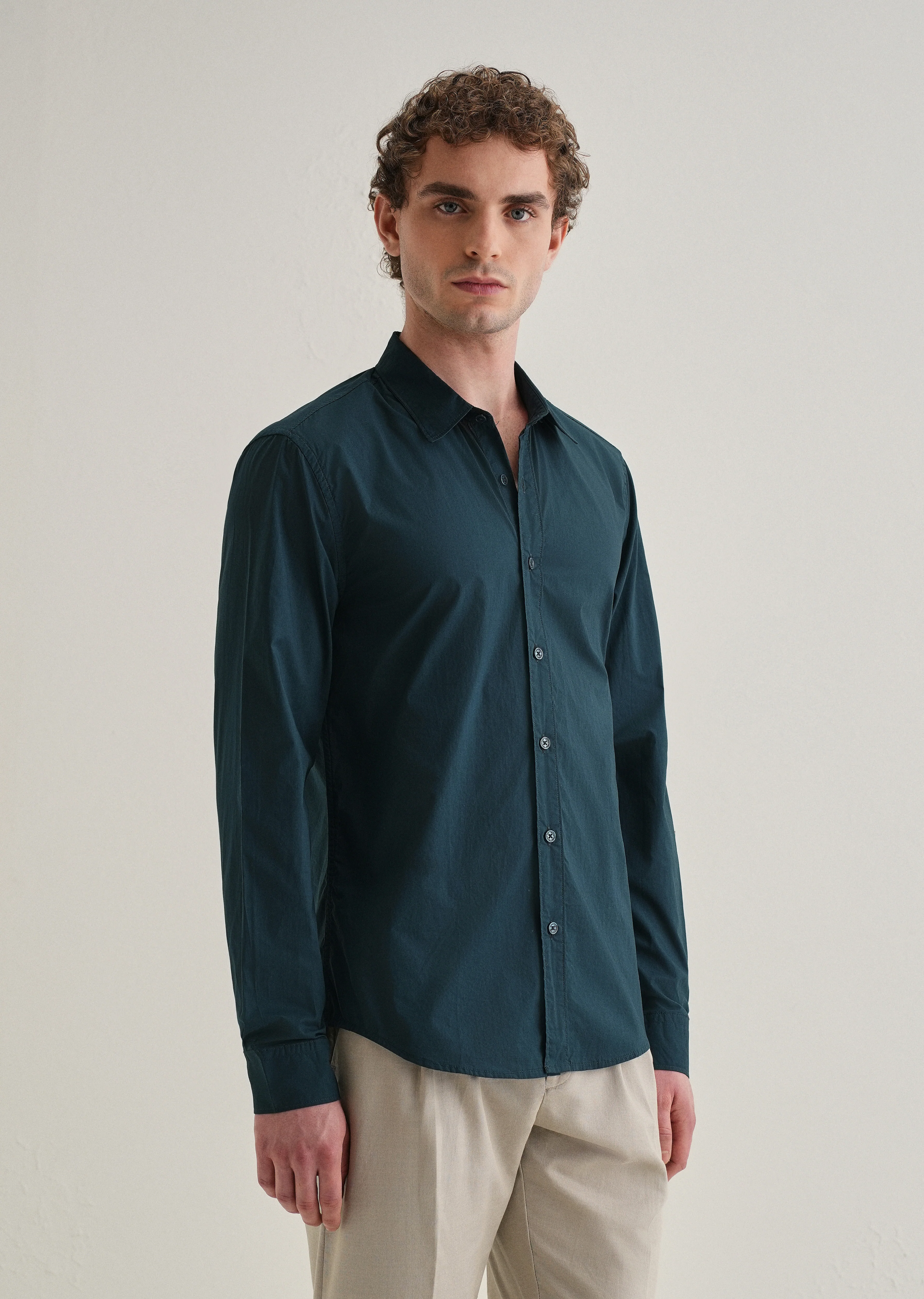 Dark Teal Blue Plain Cotton Shirt - Image 4