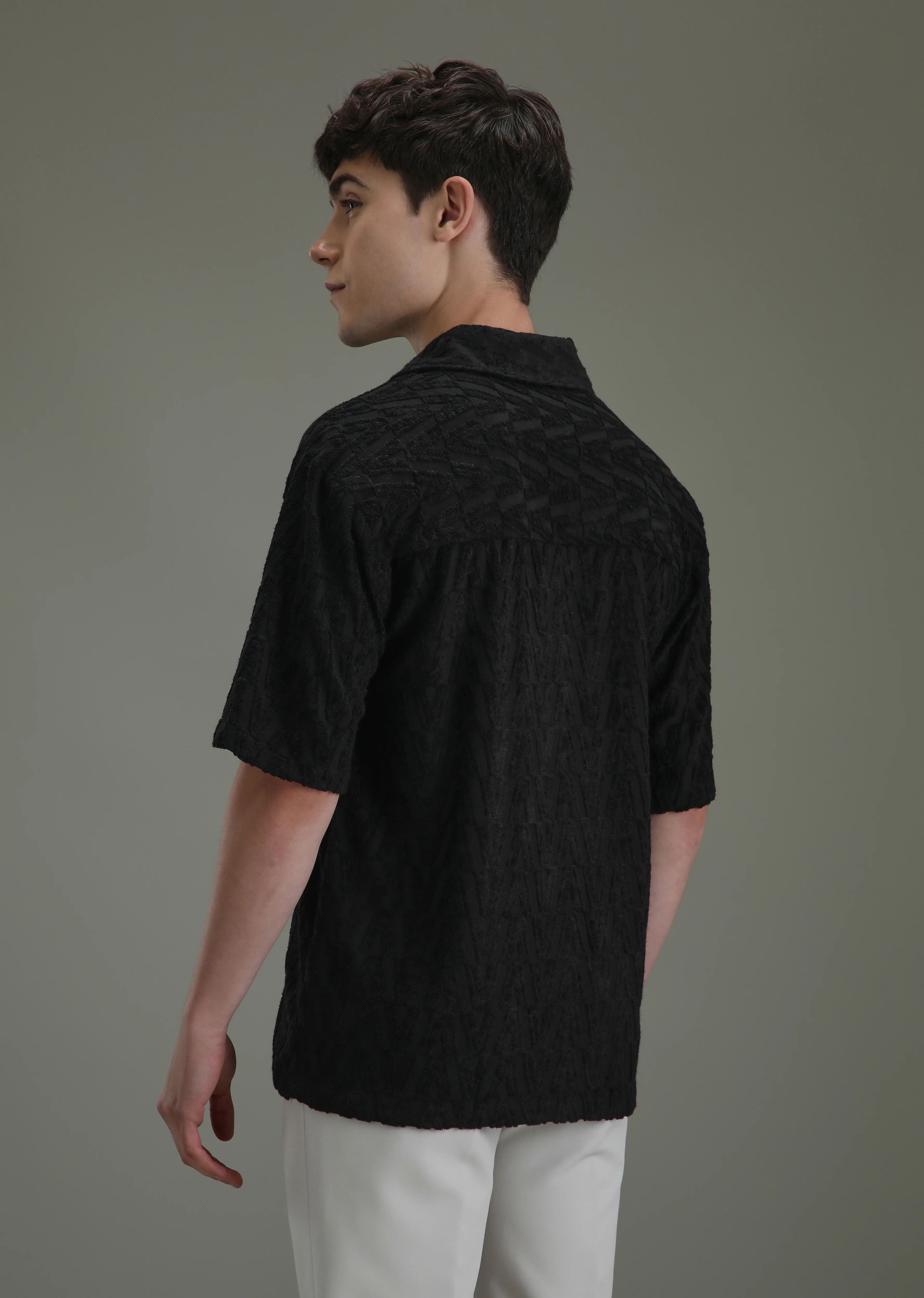 Deep Black Jacquard Knitted Shirt - Image 4