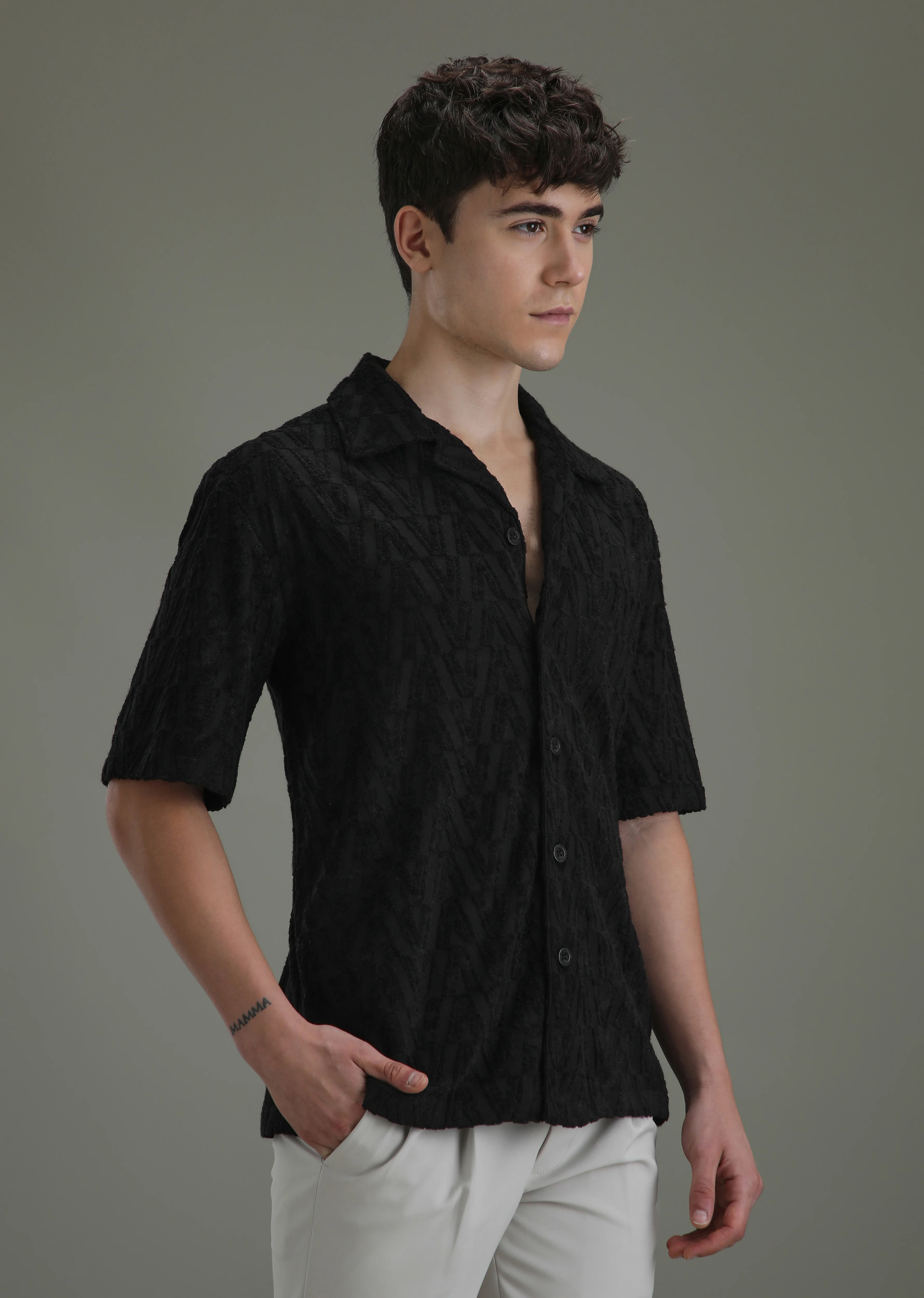 Deep Black Jacquard Knitted Shirt - Image 5