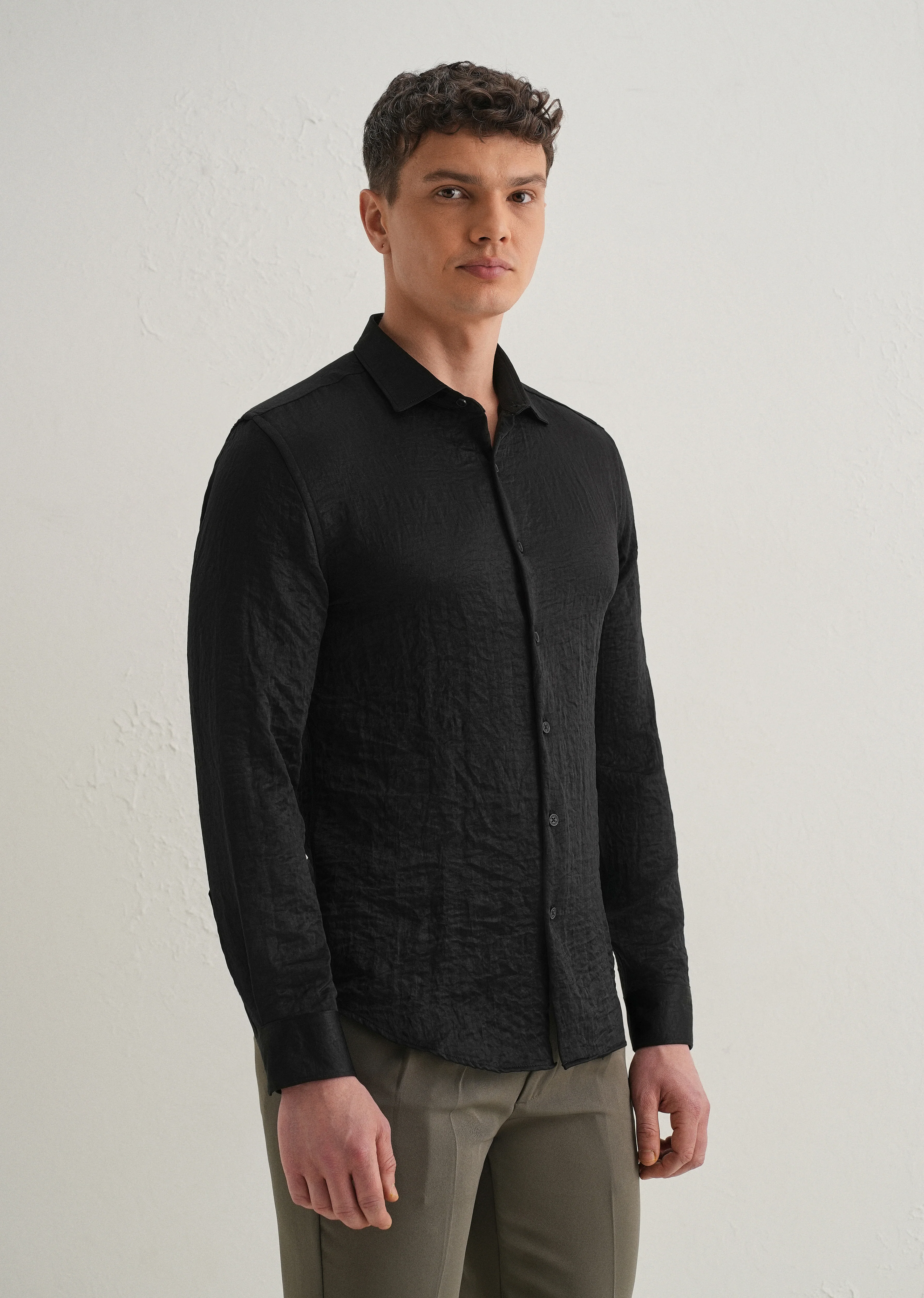 Deep Black Plain Crushed Satin Shirt - Image 4