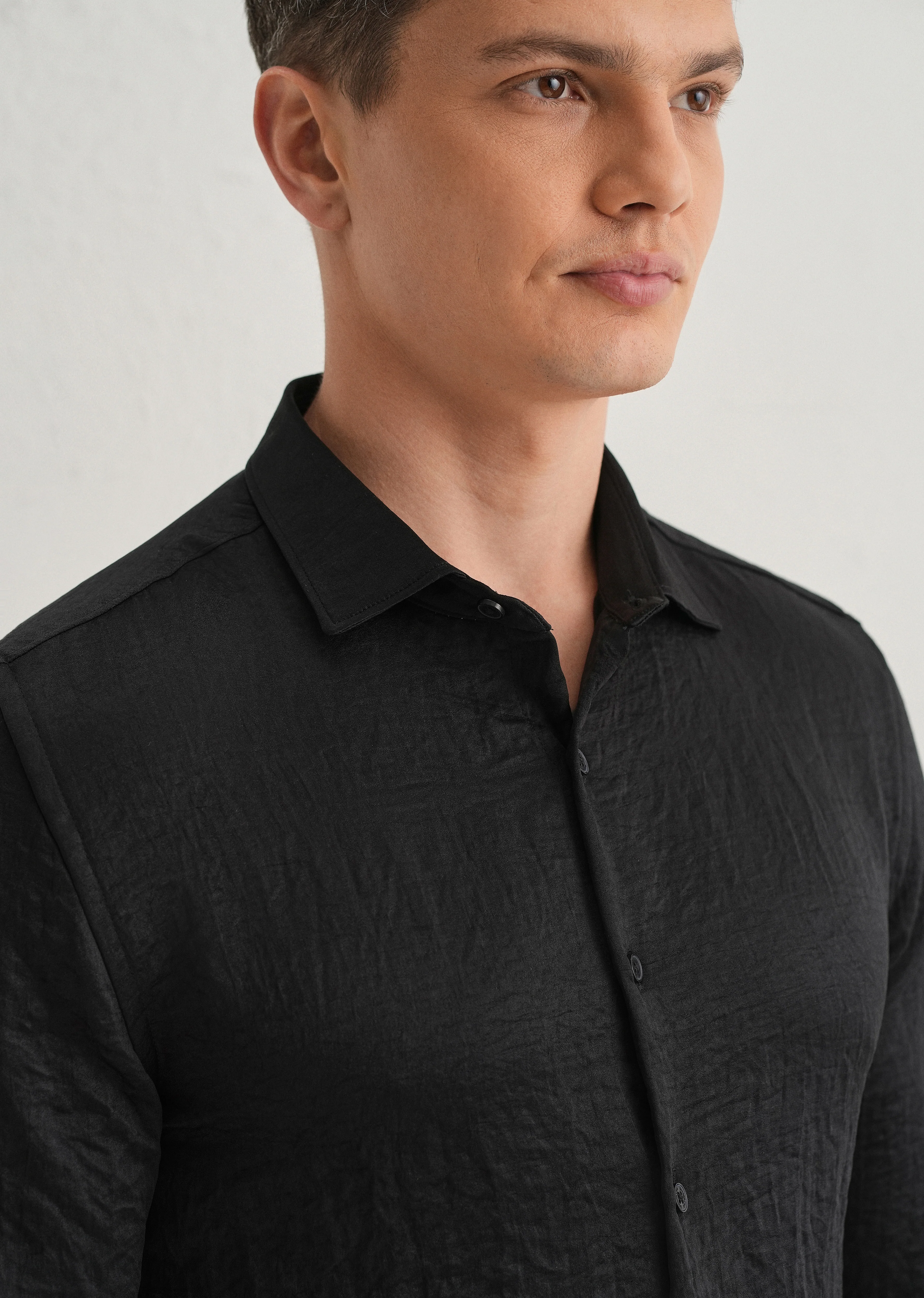 Deep Black Plain Crushed Satin Shirt - Image 5