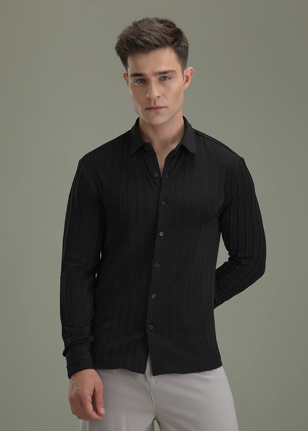 Deep Black Plain Stripe Shirt - Image 3