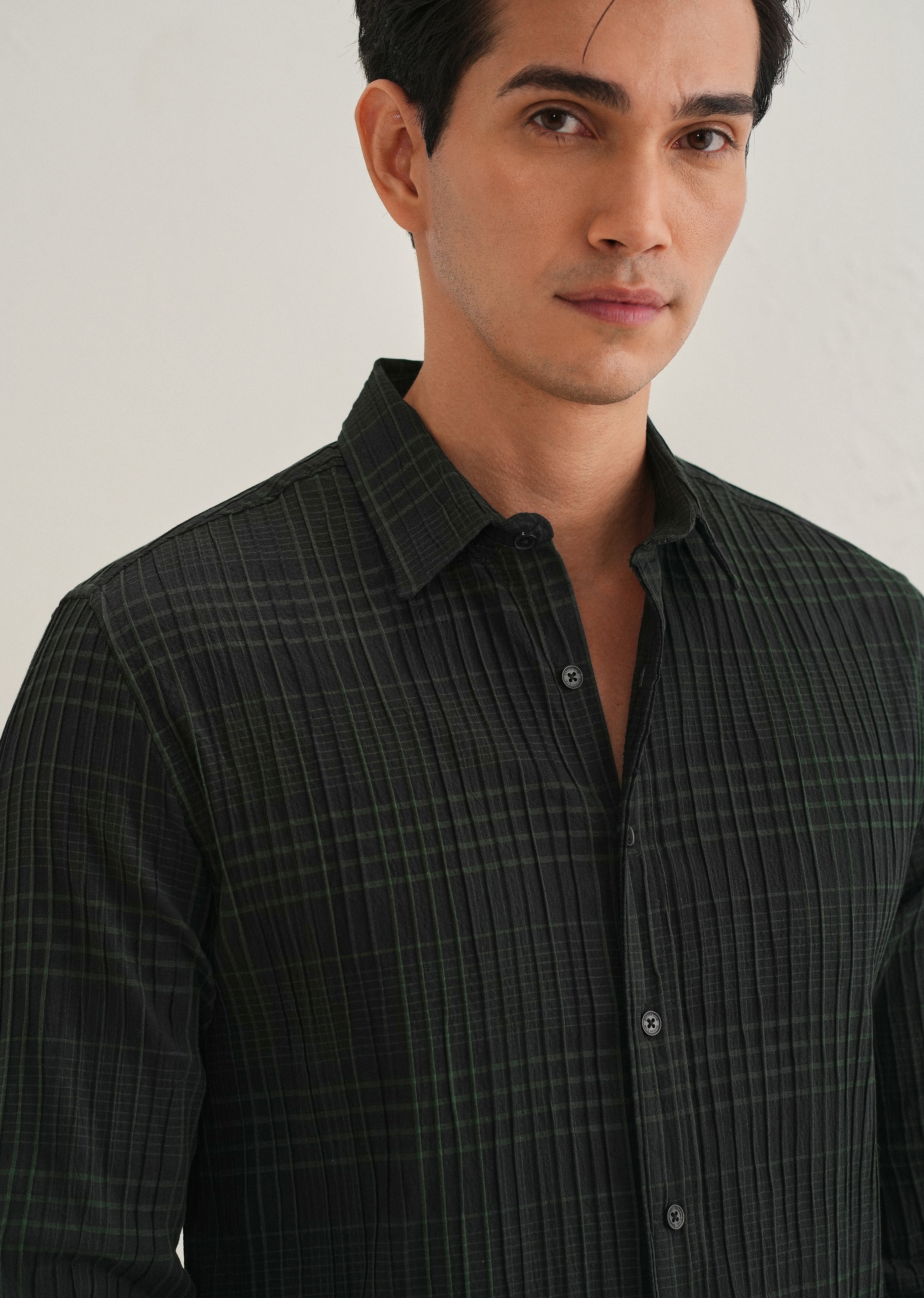 Deep Black Self-Pleated Check Shirt - Image 2