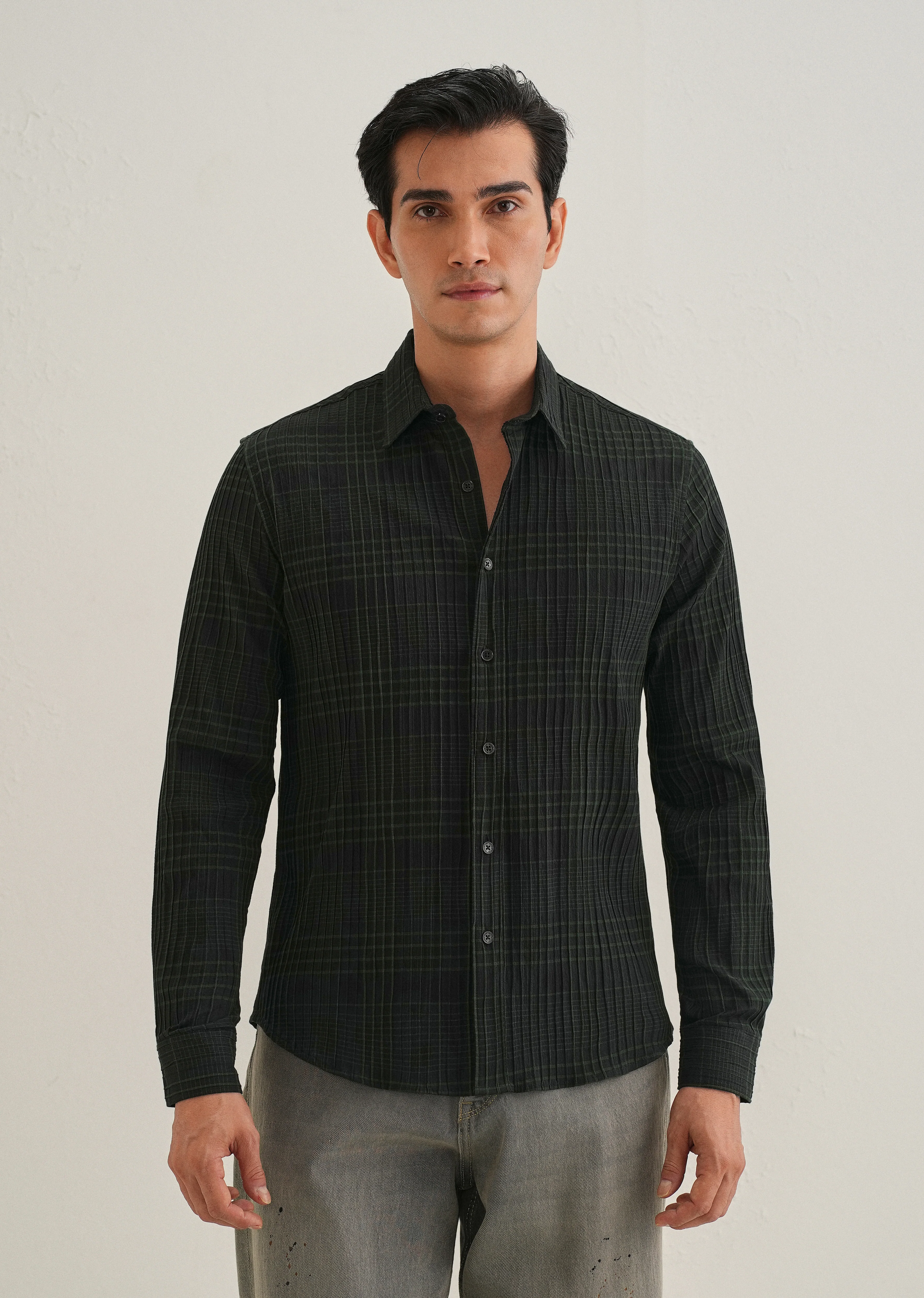 Deep Black Self-Pleated Check Shirt - Image 3