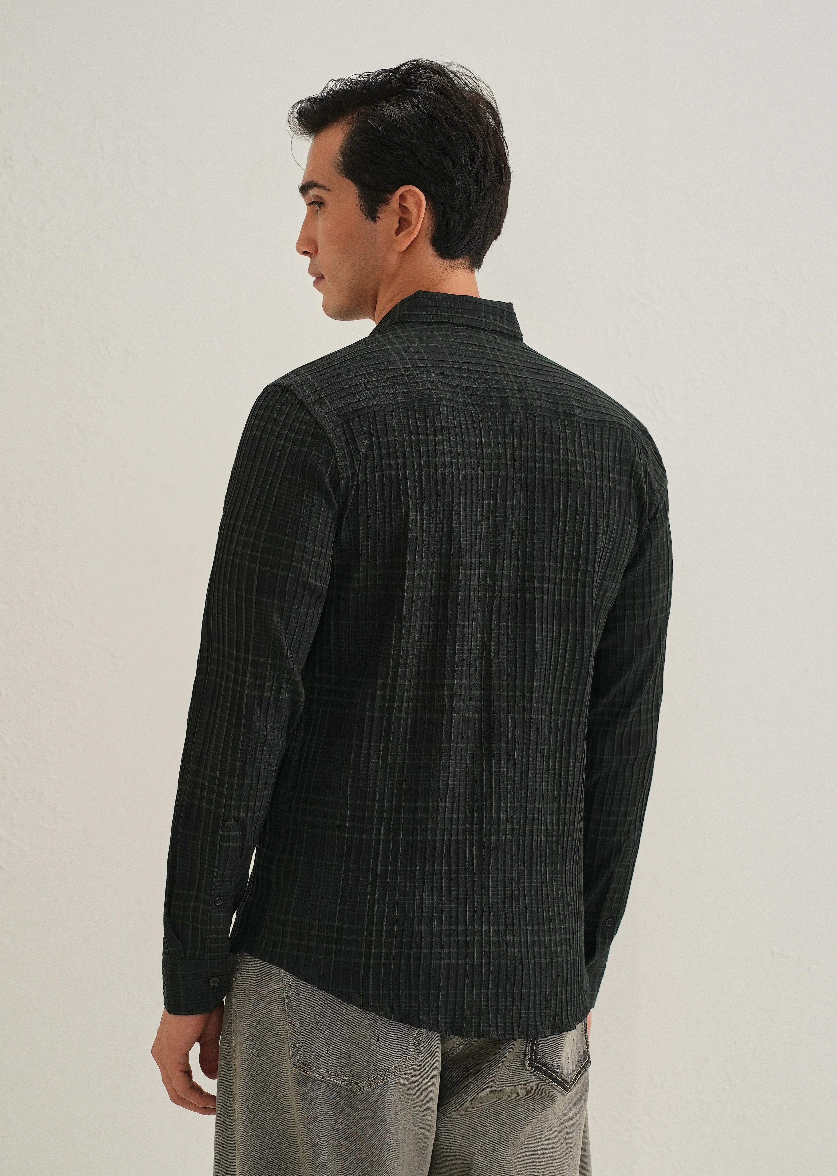 Deep Black Self-Pleated Check Shirt - Image 4
