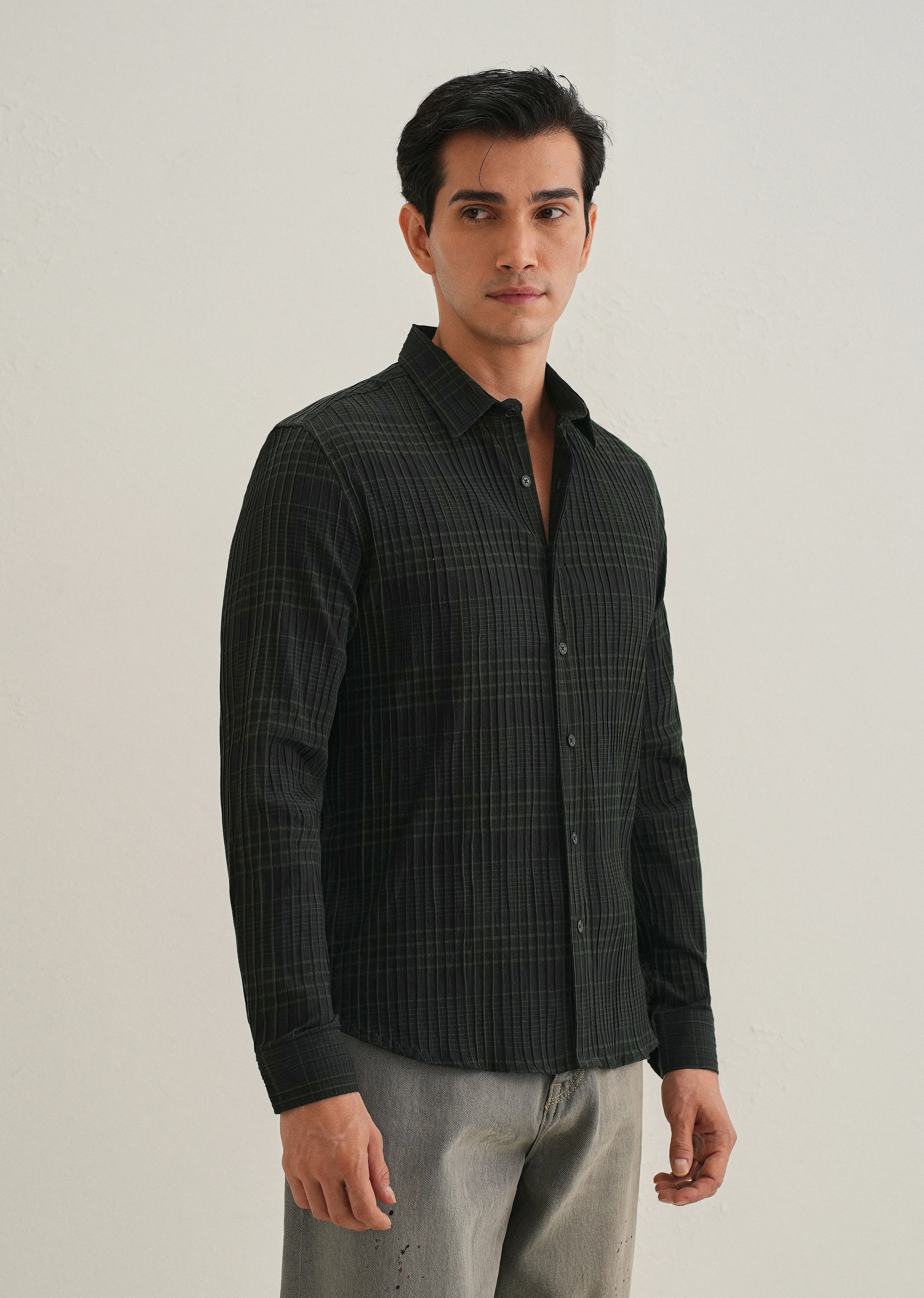 Deep Black Self-Pleated Check Shirt - Image 5