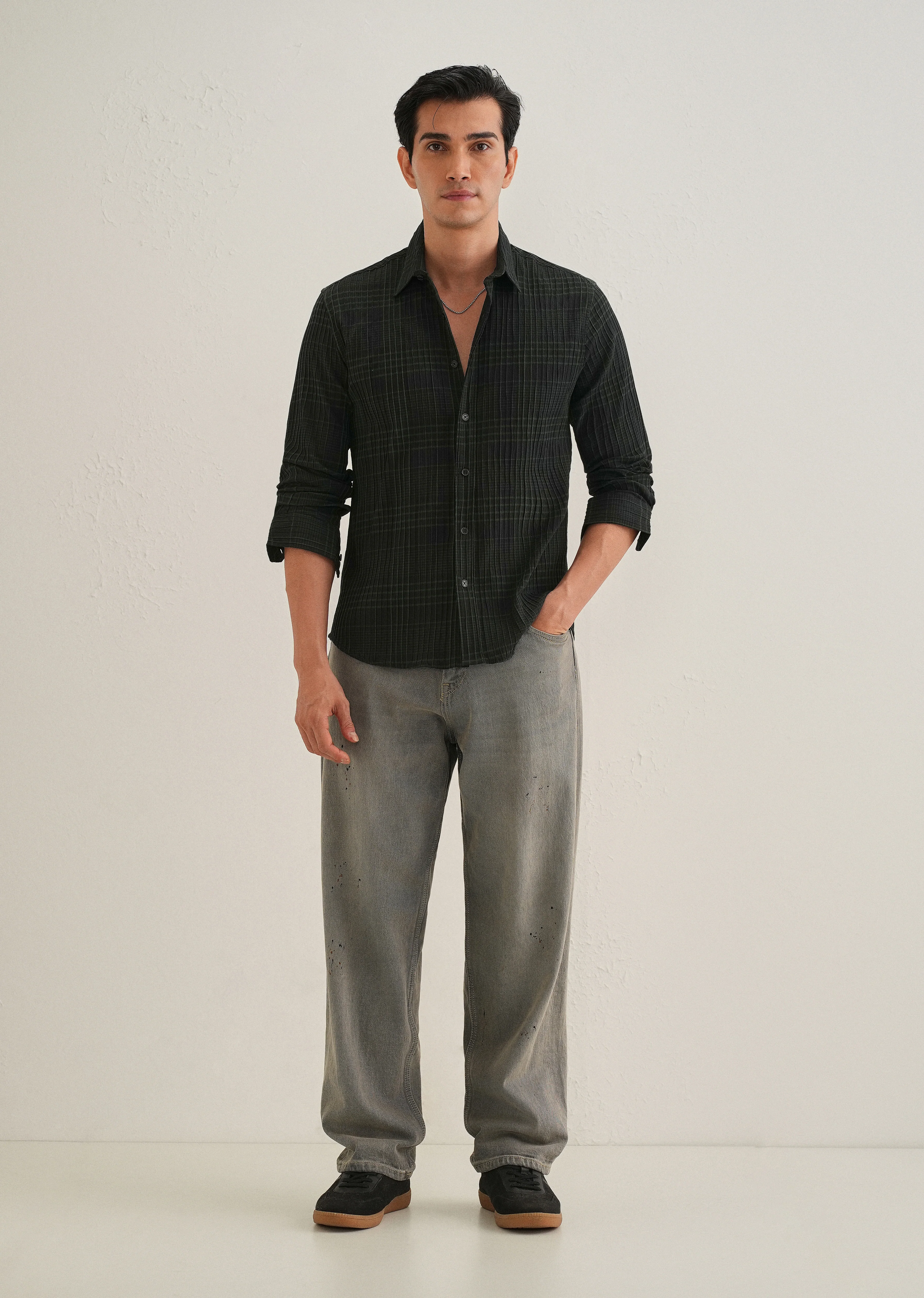 Deep Black Self-Pleated Check Shirt - Image 6