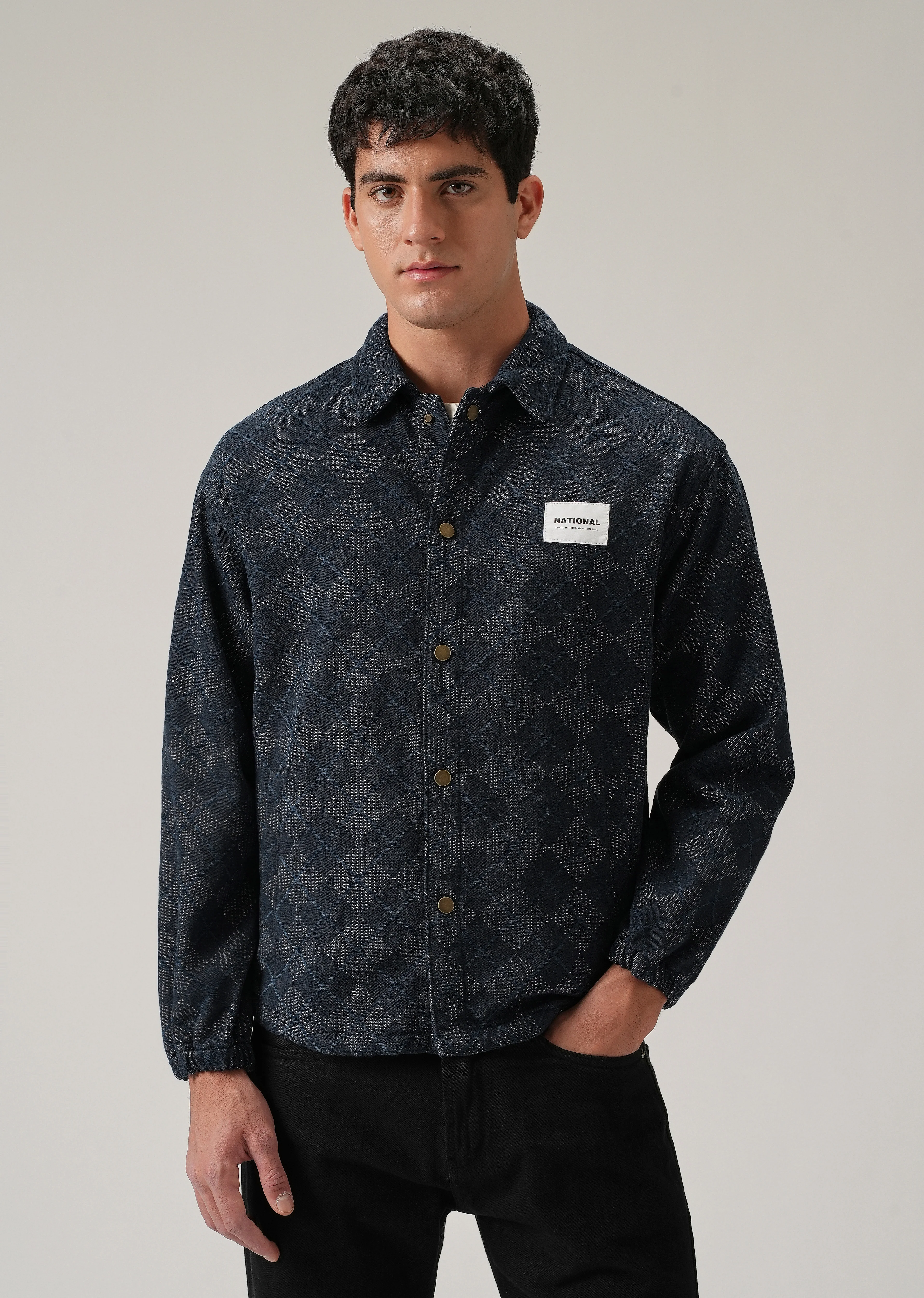 Diamond Pattern Denim Jacquard Jacket - Image 4