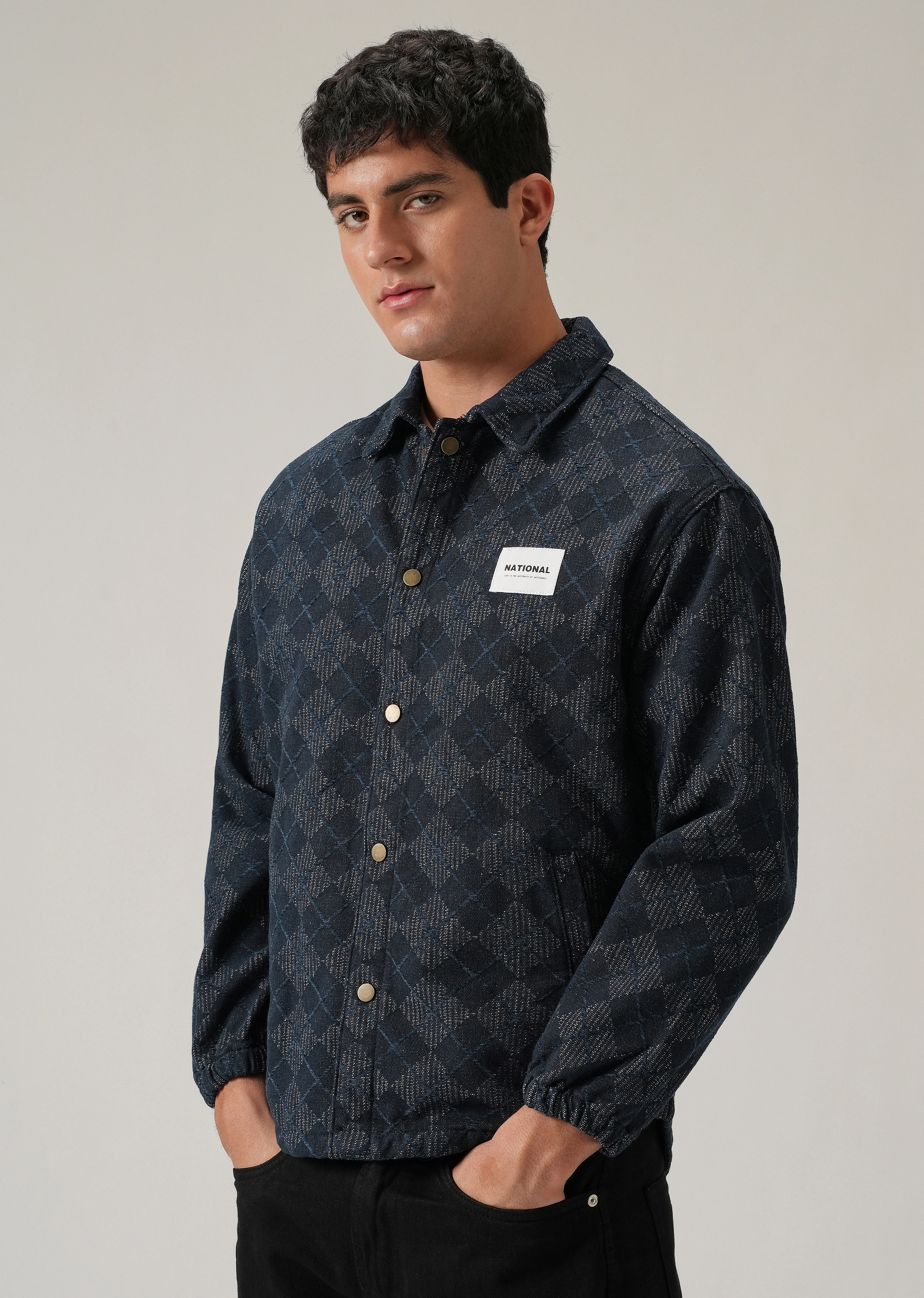 Diamond Pattern Denim Jacquard Jacket - Image 5