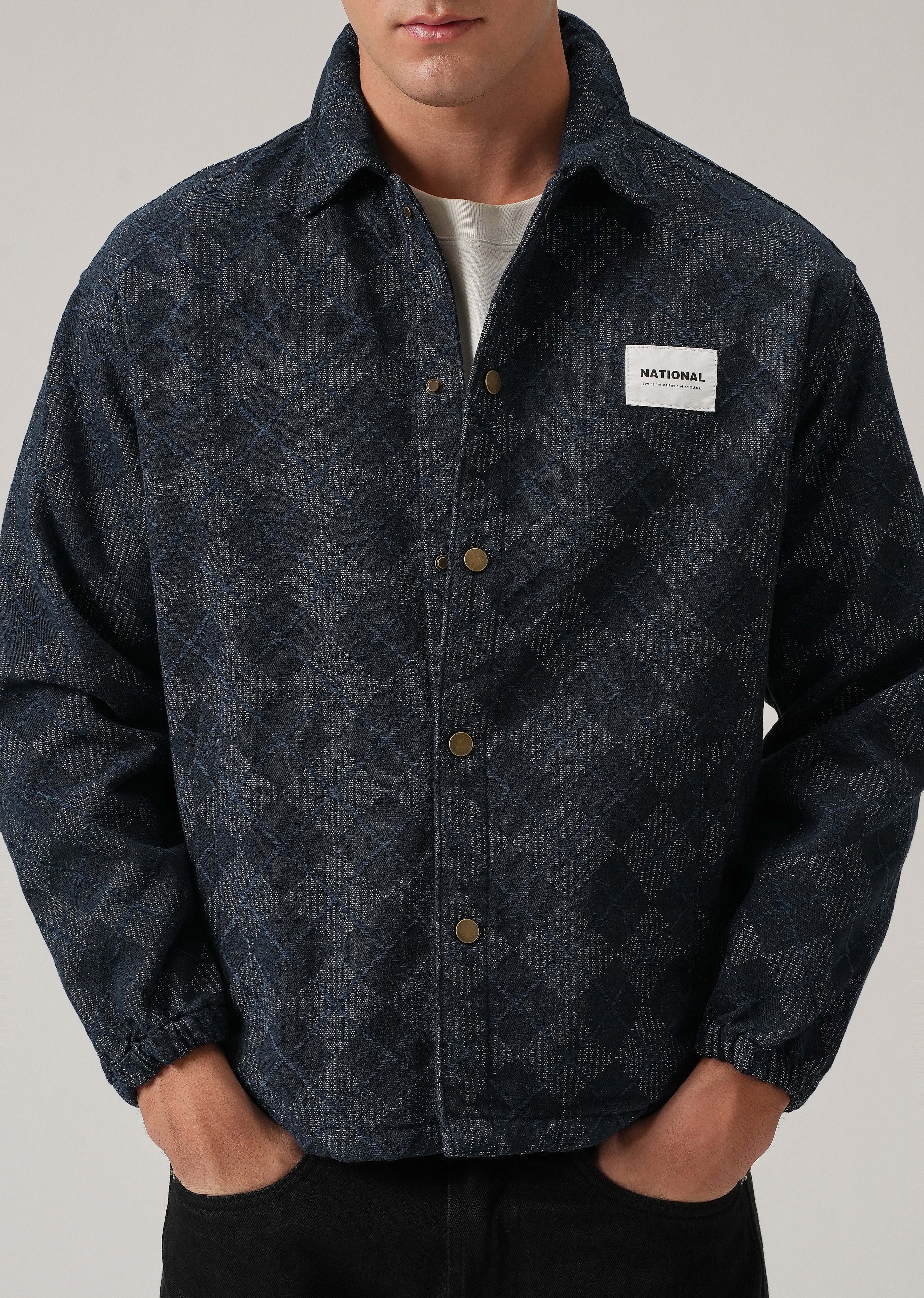 Diamond Pattern Denim Jacquard Jacket - Image 8