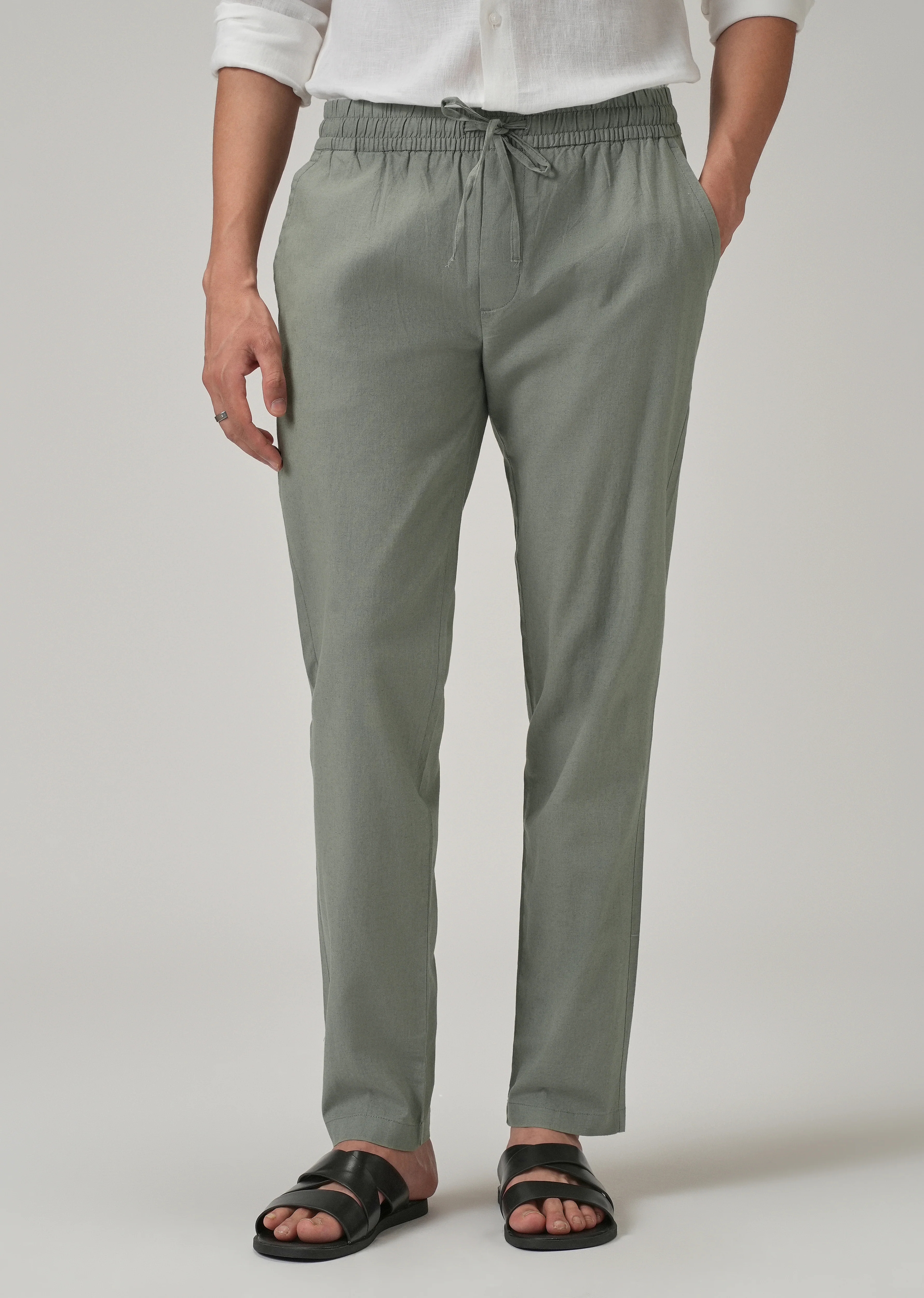 Drawstring Olive Grey Linen Pant - Image 7