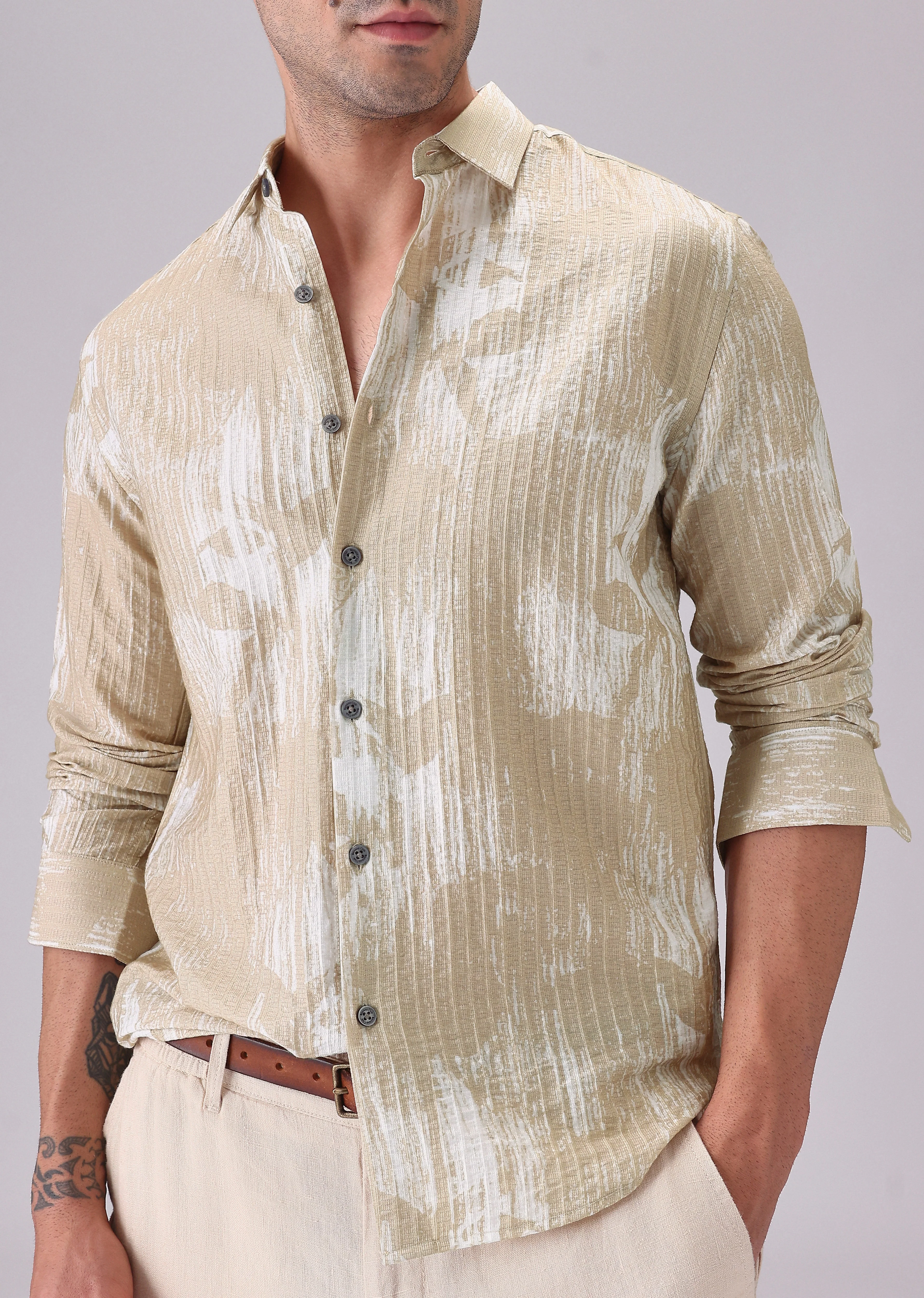 Dual Tone Beige Printed Shirt - Image 7
