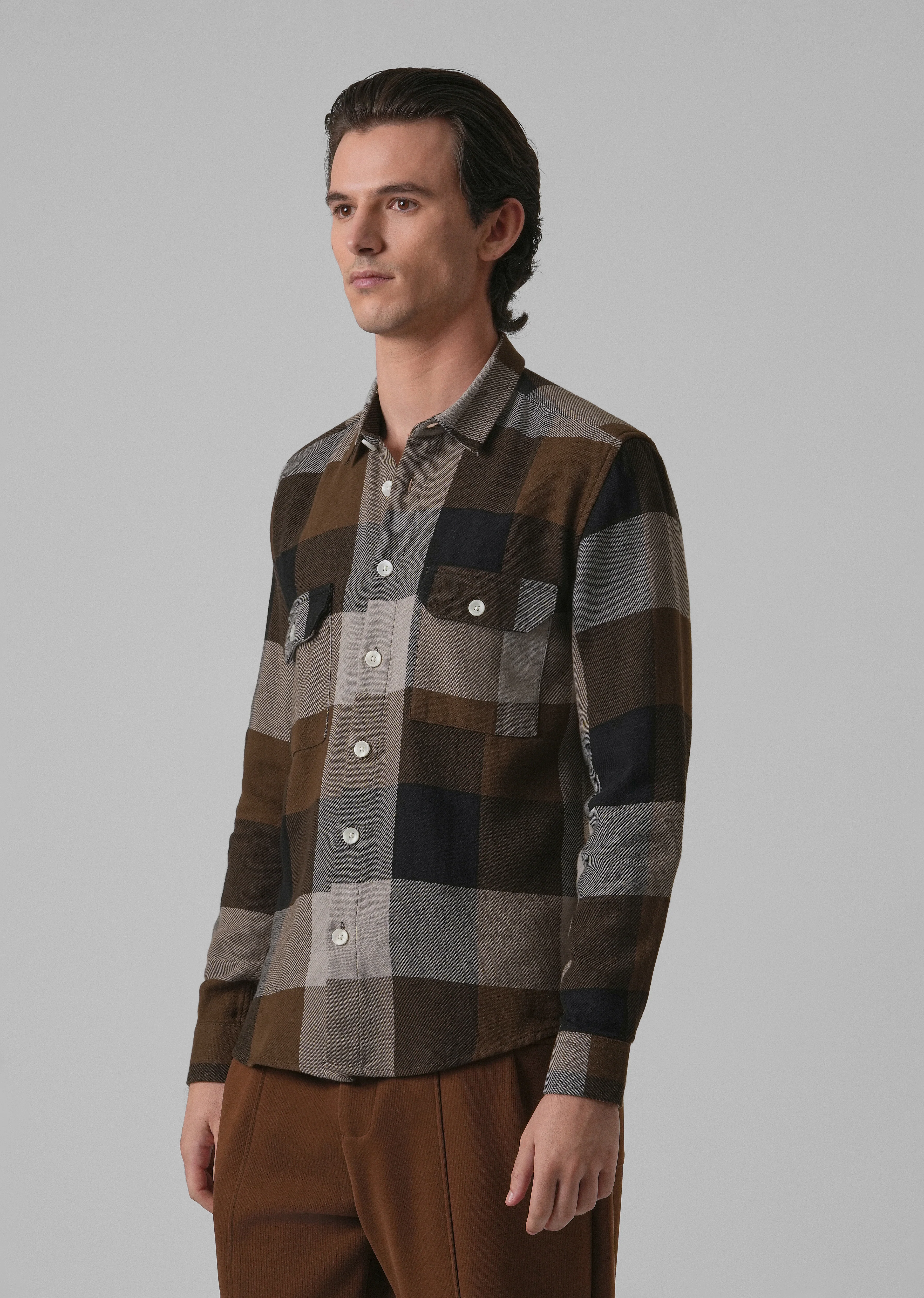 Dusky Brown Brushed Cotton Check Shirt - Image 3