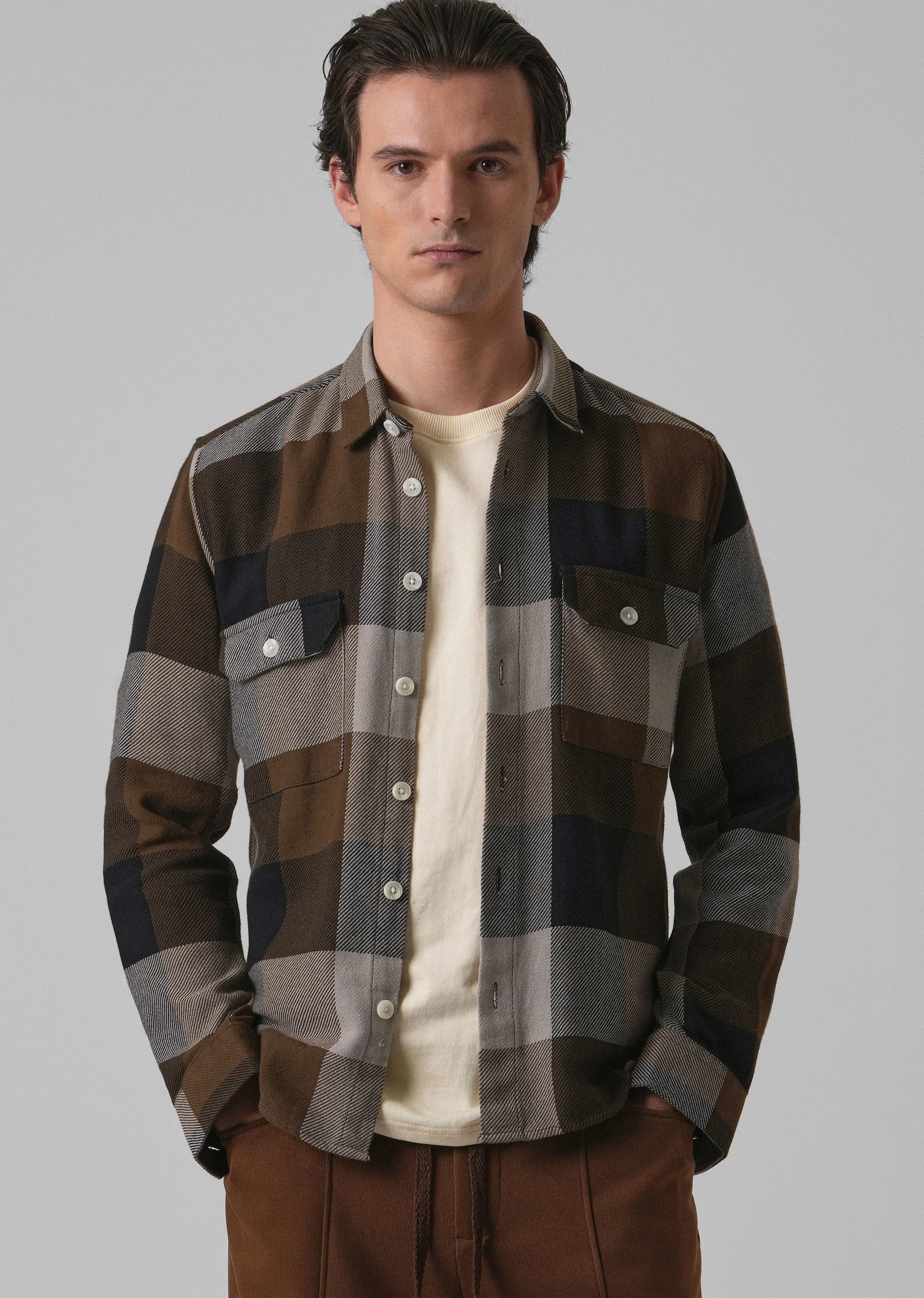 Dusky Brown Brushed Cotton Check Shirt - Image 7