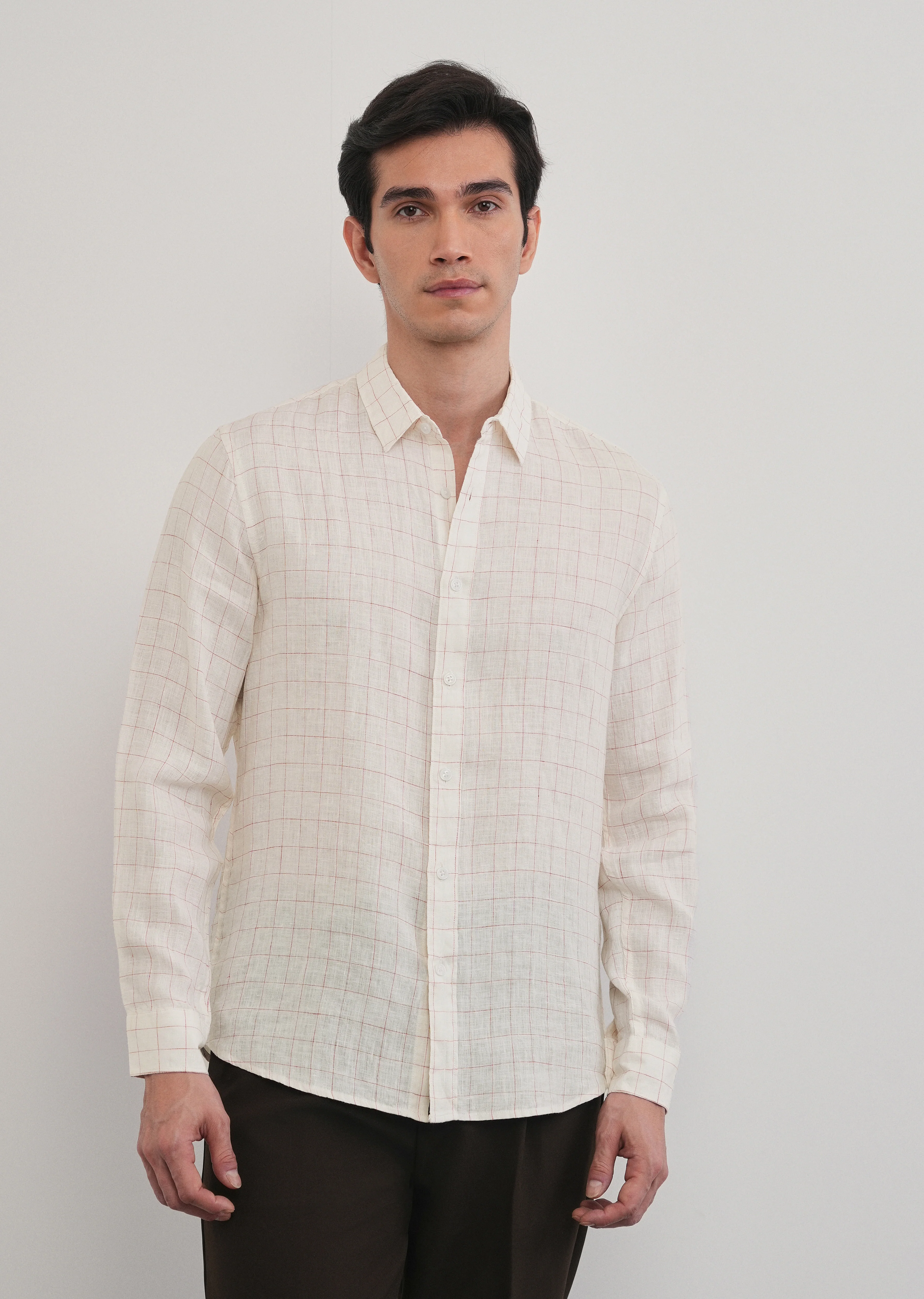 Ecru 100% Pure Linen Check Shirt - Image 6