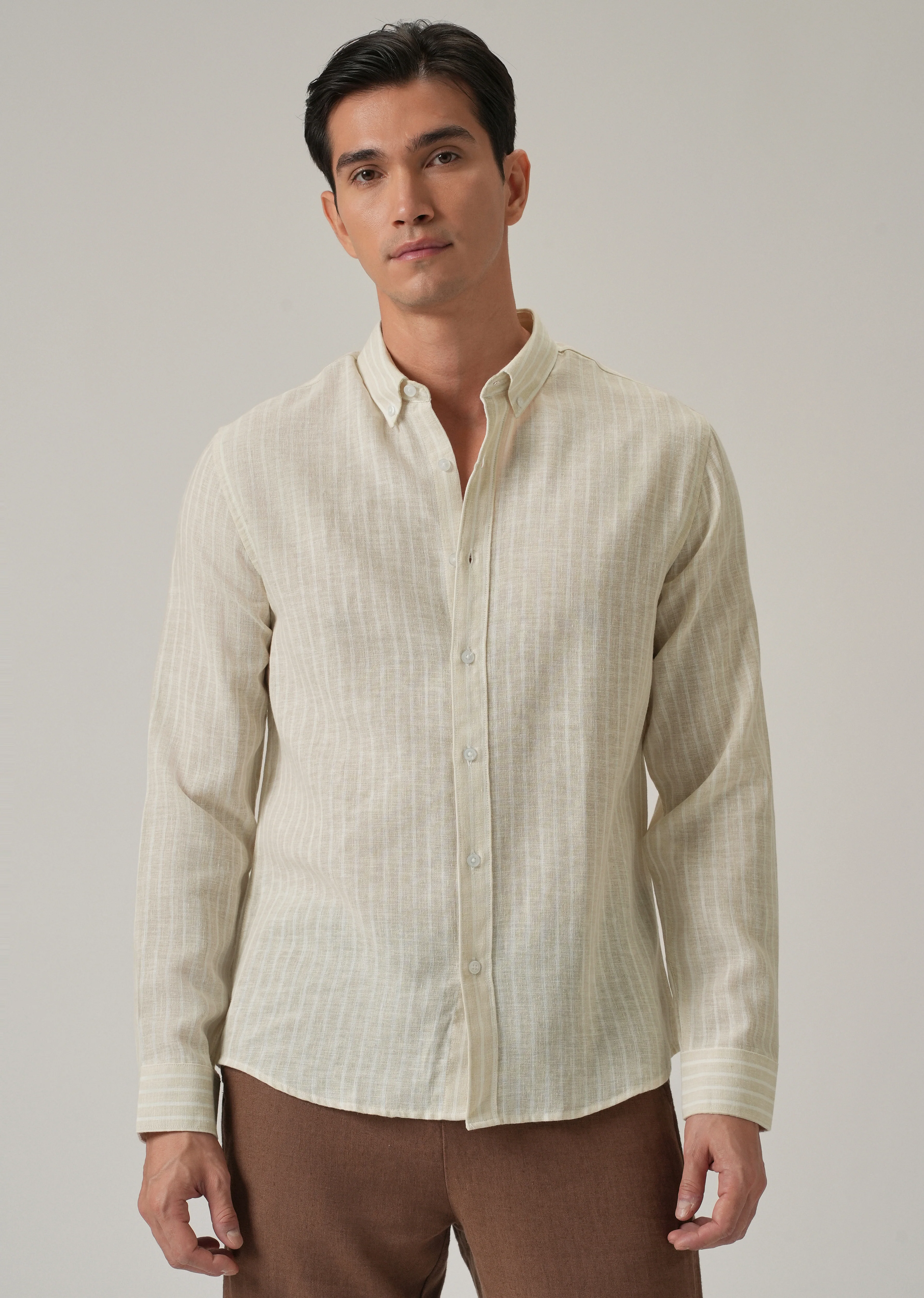 Ecru Beige Stripe Linen Shirt - Image 3