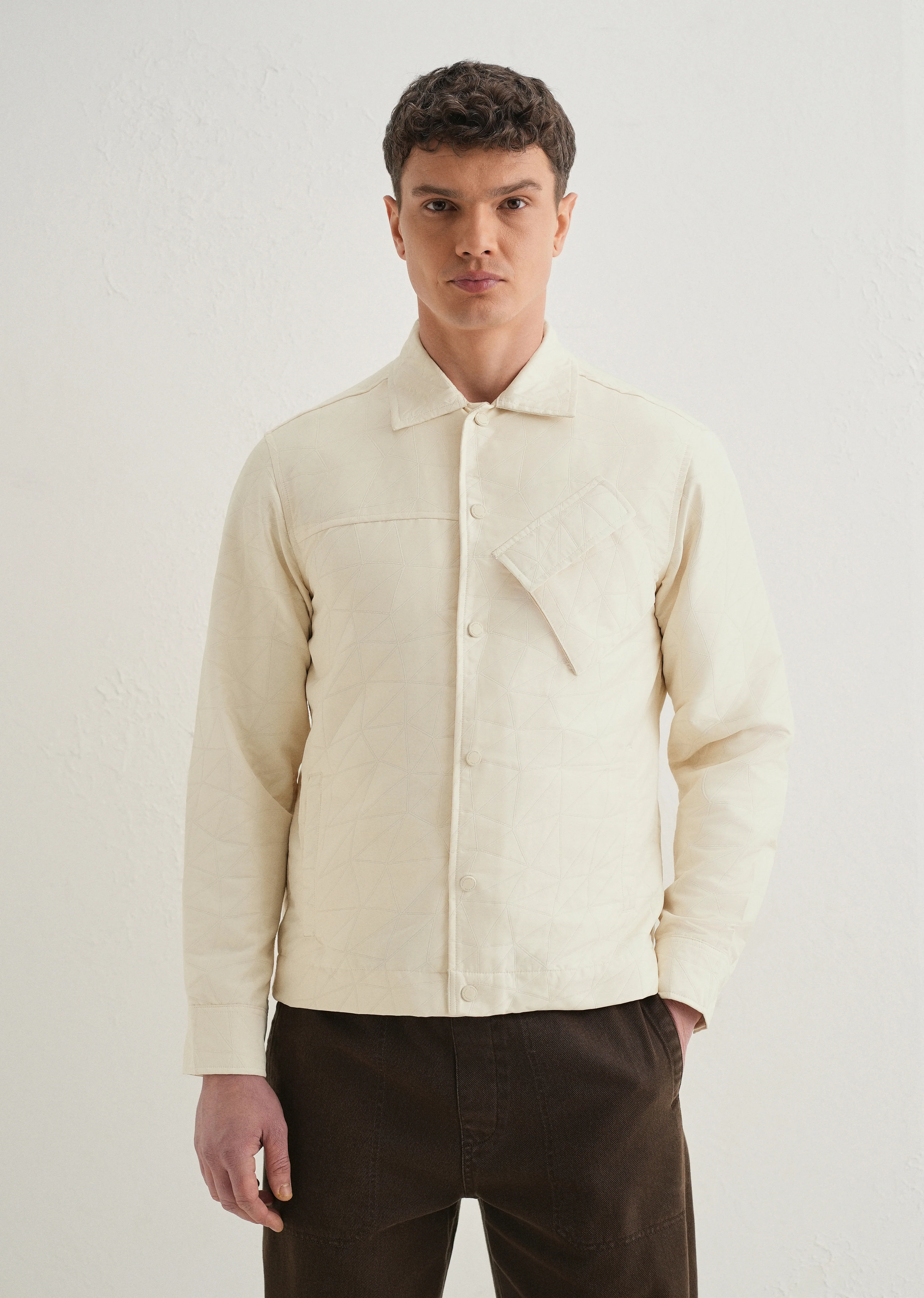 Ecru Cross Pocket Self Pattern Shacket - Image 3