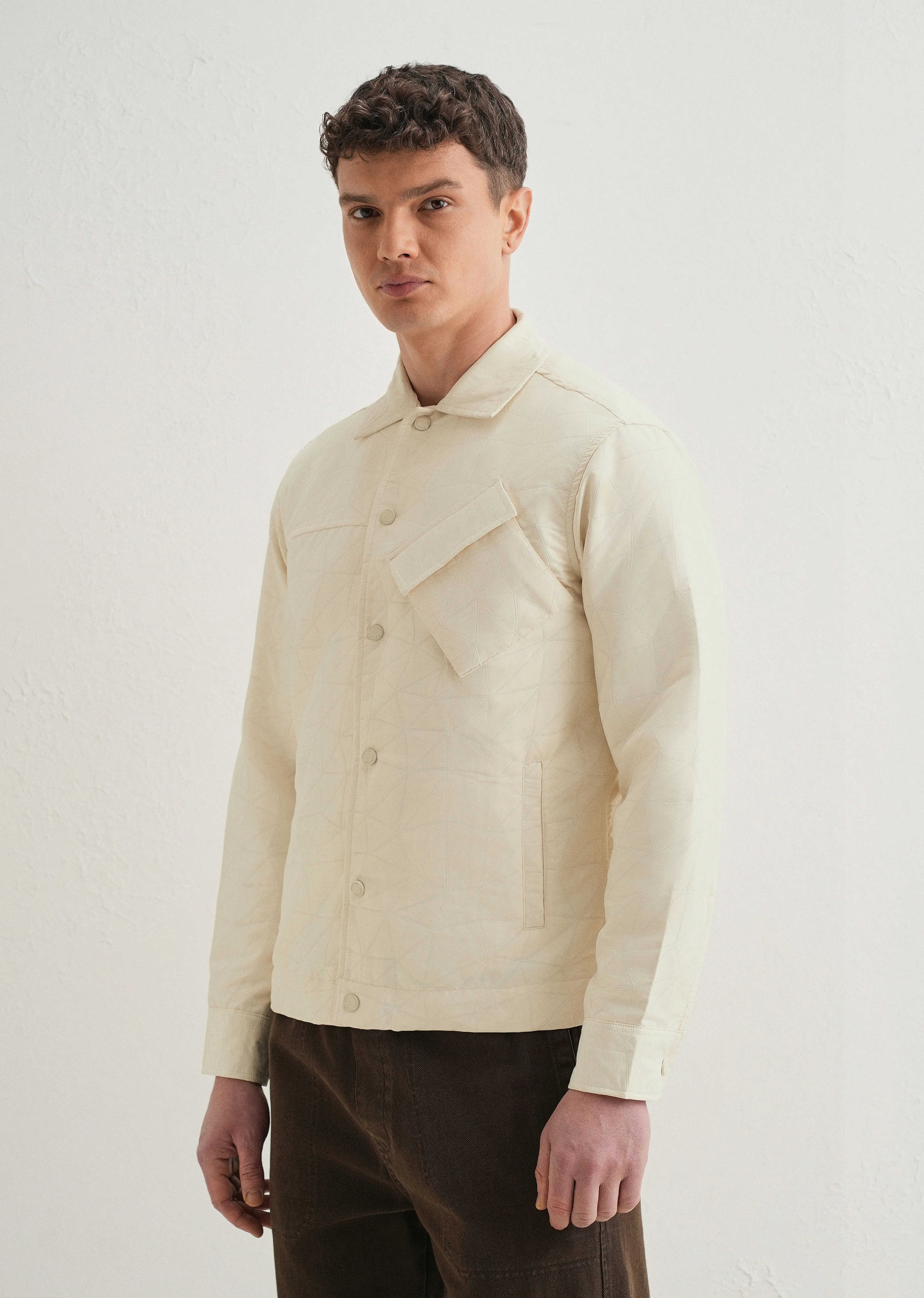 Ecru Cross Pocket Self Pattern Shacket - Image 4