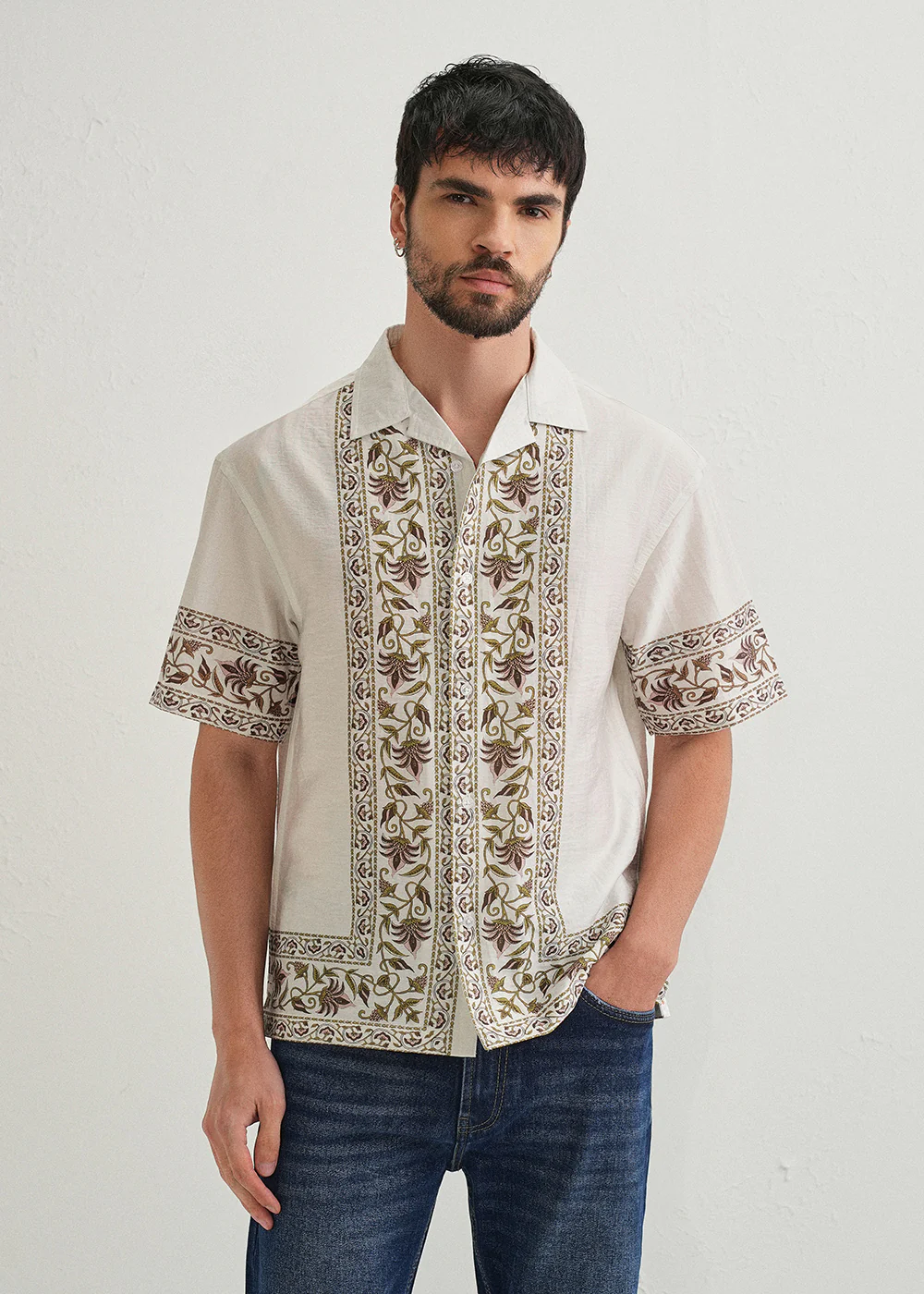 Ecru Floral Panel Printed Shirt - Image 3