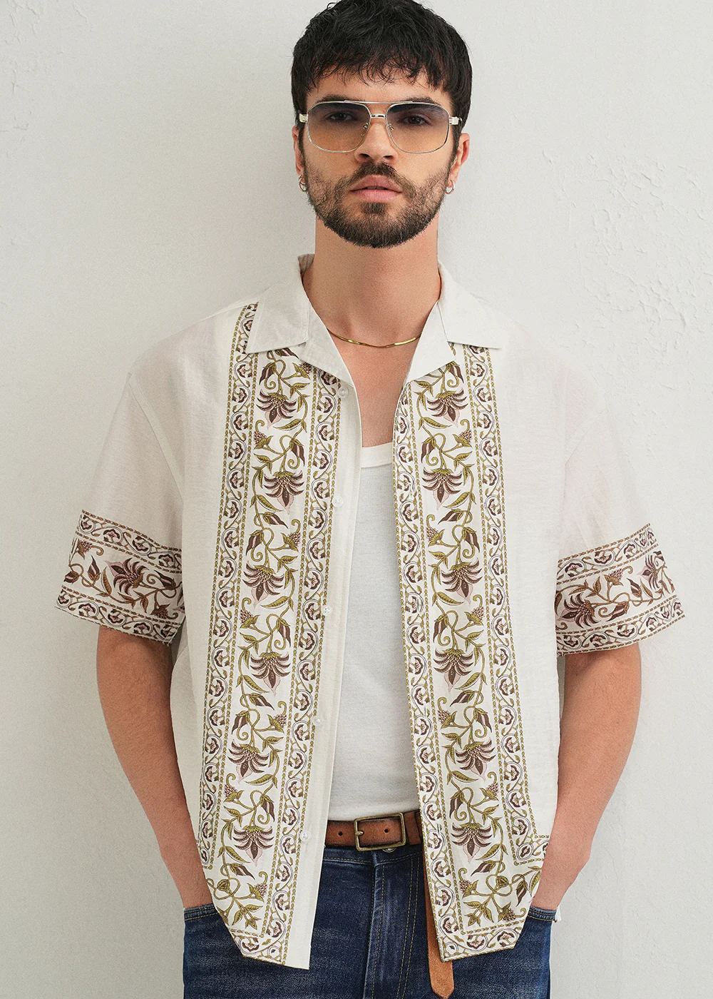 Ecru Floral Panel Printed Shirt - Image 7