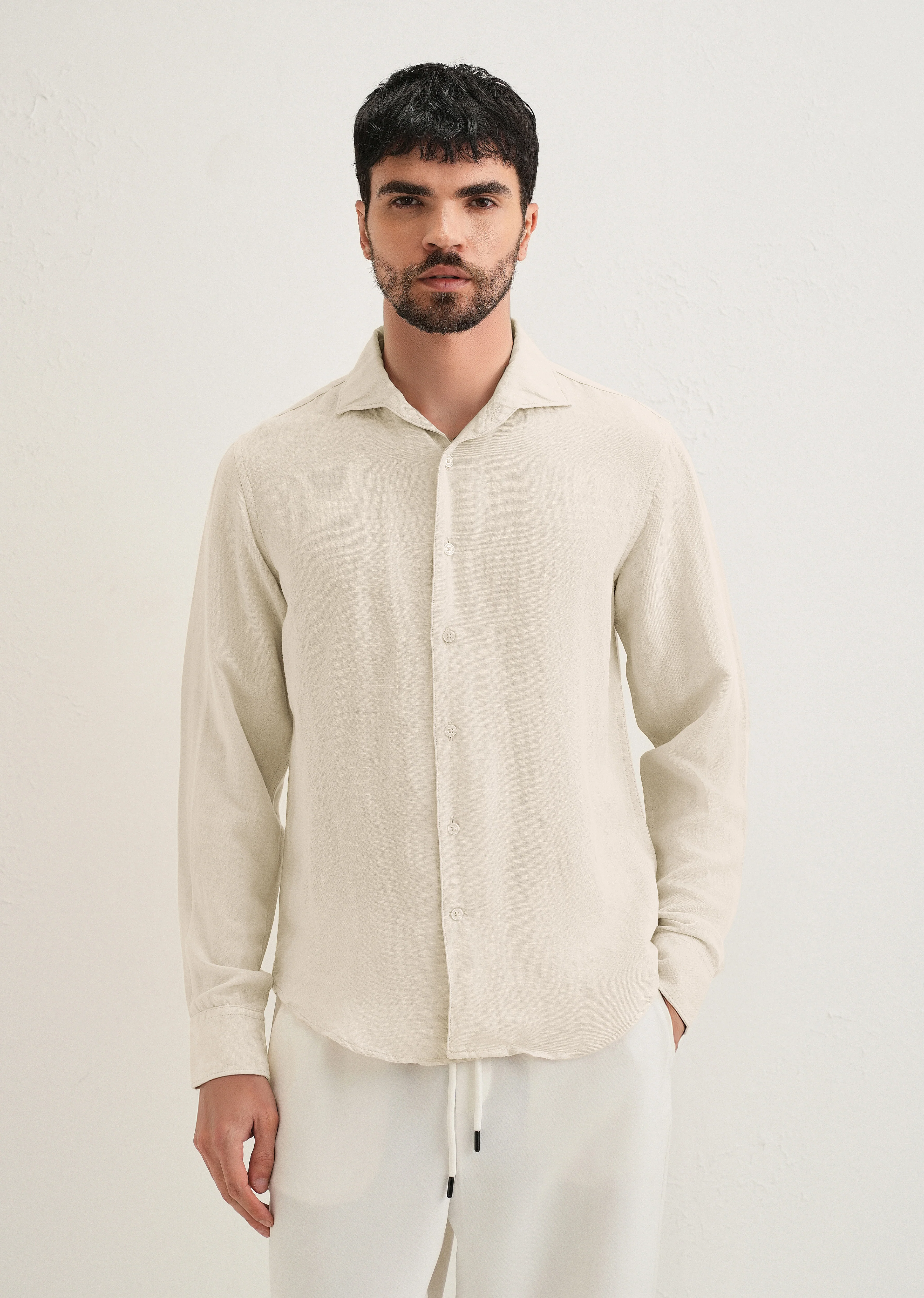 Ecru Plain Linen Viscose Shirt - Image 4
