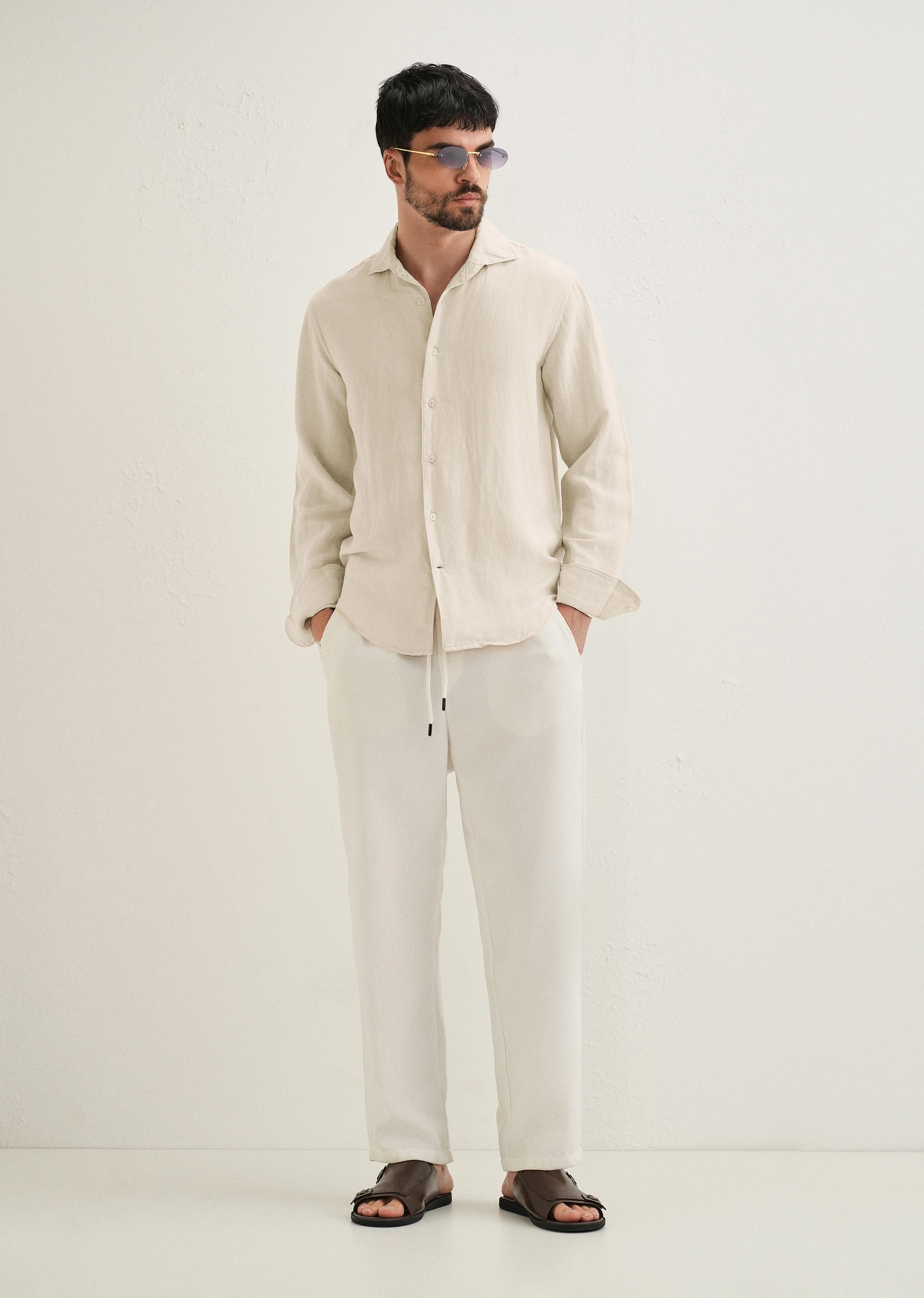 Ecru Plain Linen Viscose Shirt - Image 6