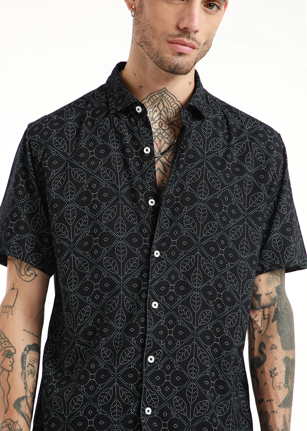 Emblematic Black Leaf Print Half Sleeve Shirt - Image 2